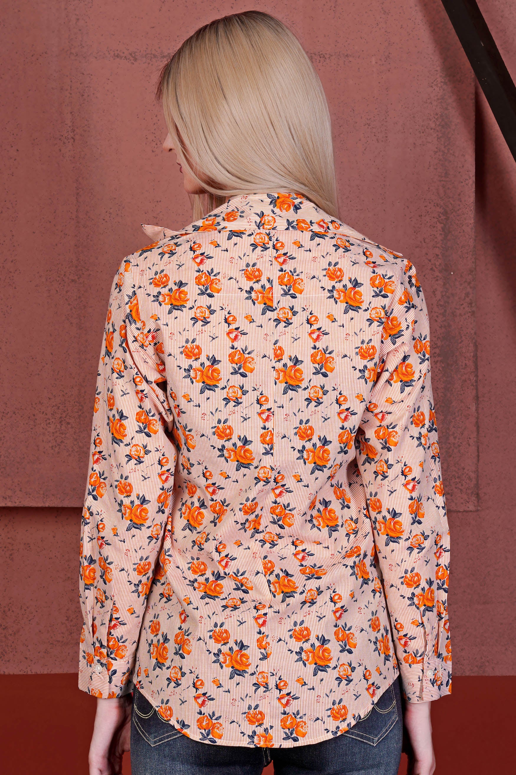 Pumpkin Orange and Burning Sand Brown Pinstriped with Floral Printed Premium Cotton Designer Shirt