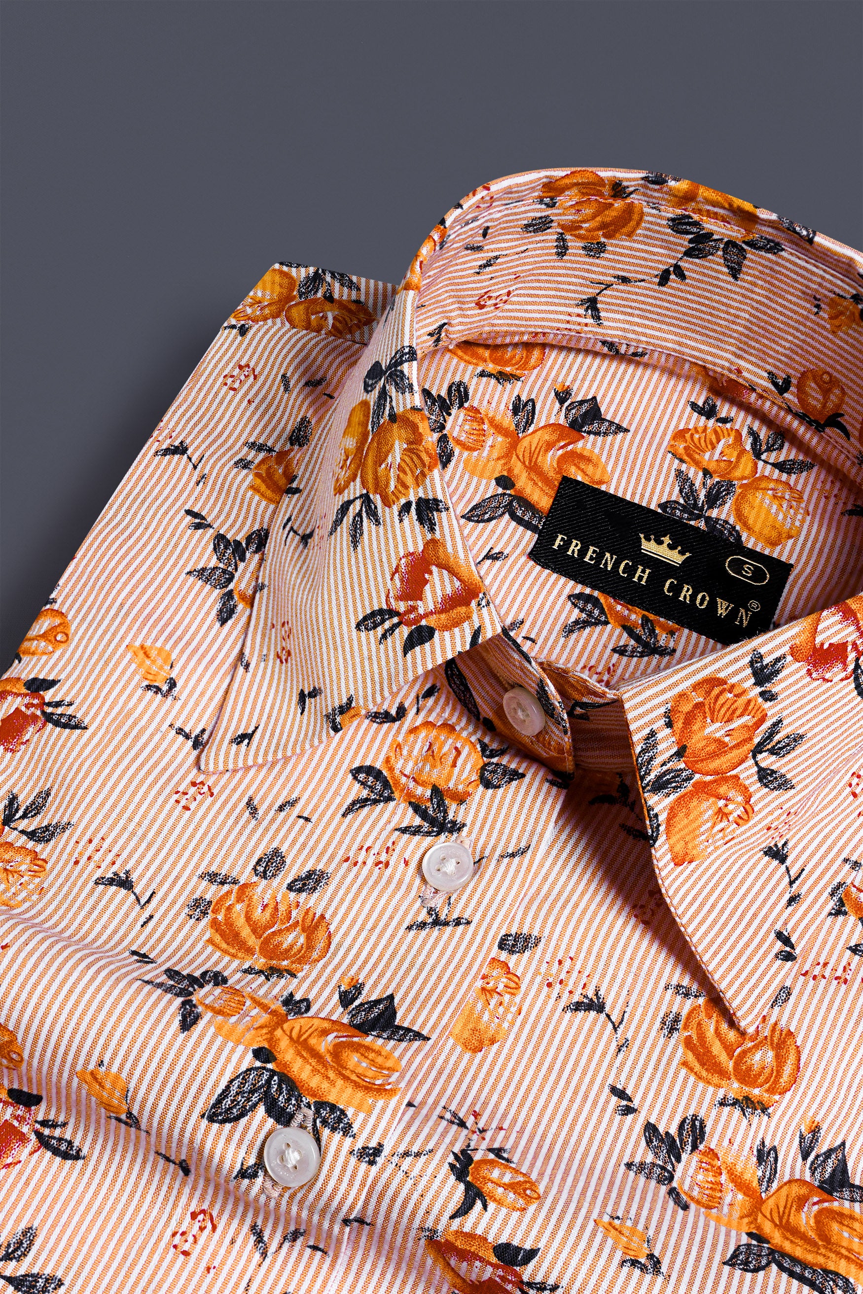 Pumpkin Orange and Burning Sand Brown Pinstriped with Floral Printed Premium Cotton Designer Shirt