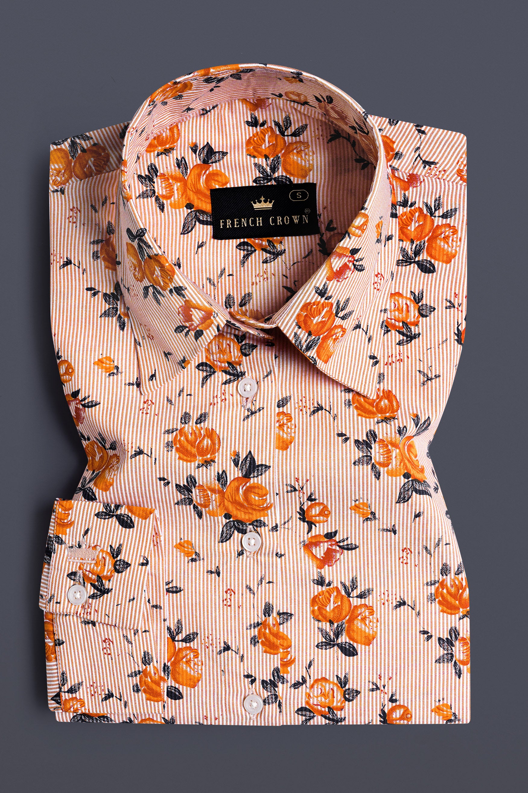 Pumpkin Orange and Burning Sand Brown Pinstriped with Floral Printed Premium Cotton Designer Shirt