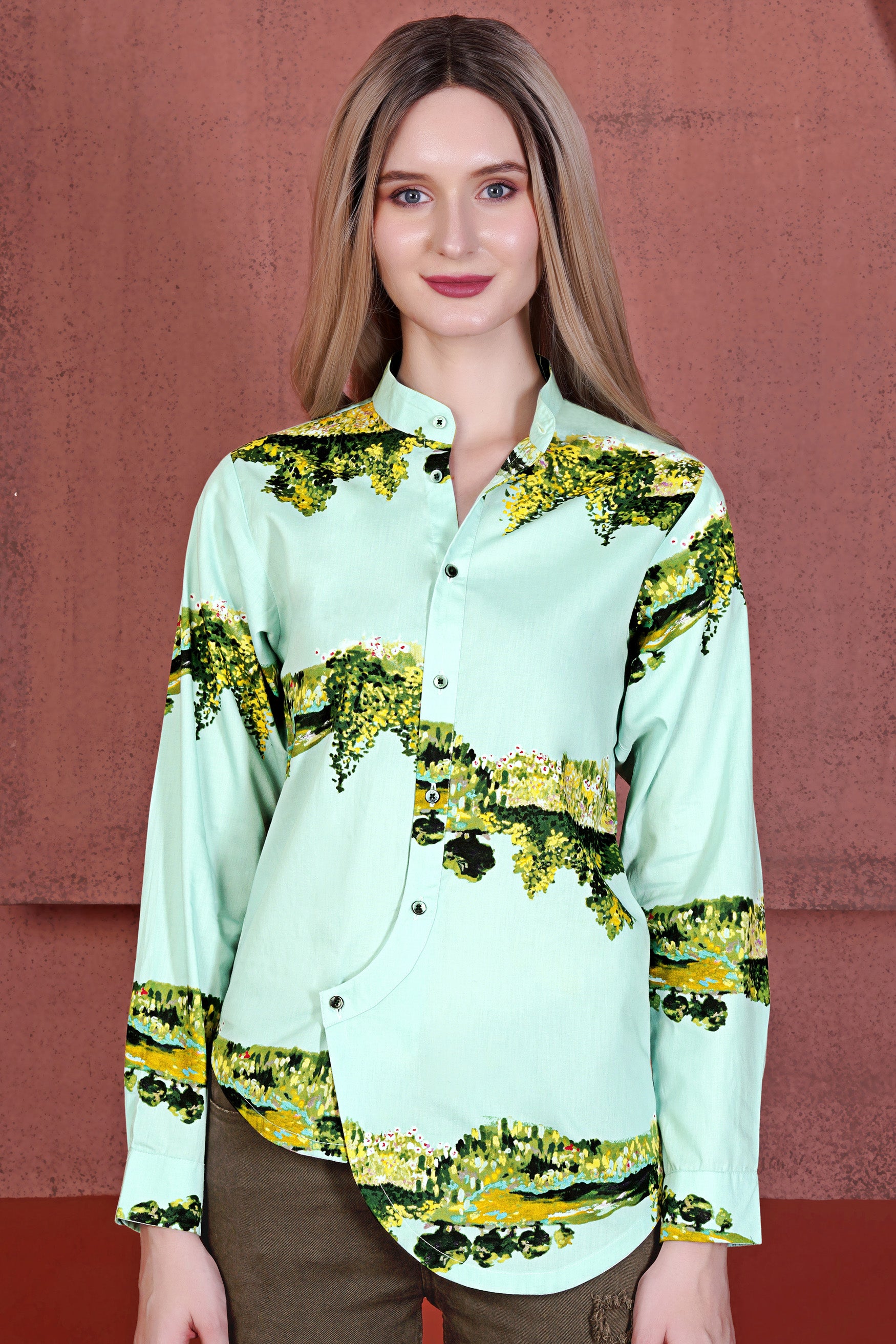 Pale Sky Blue and Chenin Green Landscape Printed Premium Cotton Designer Shirt