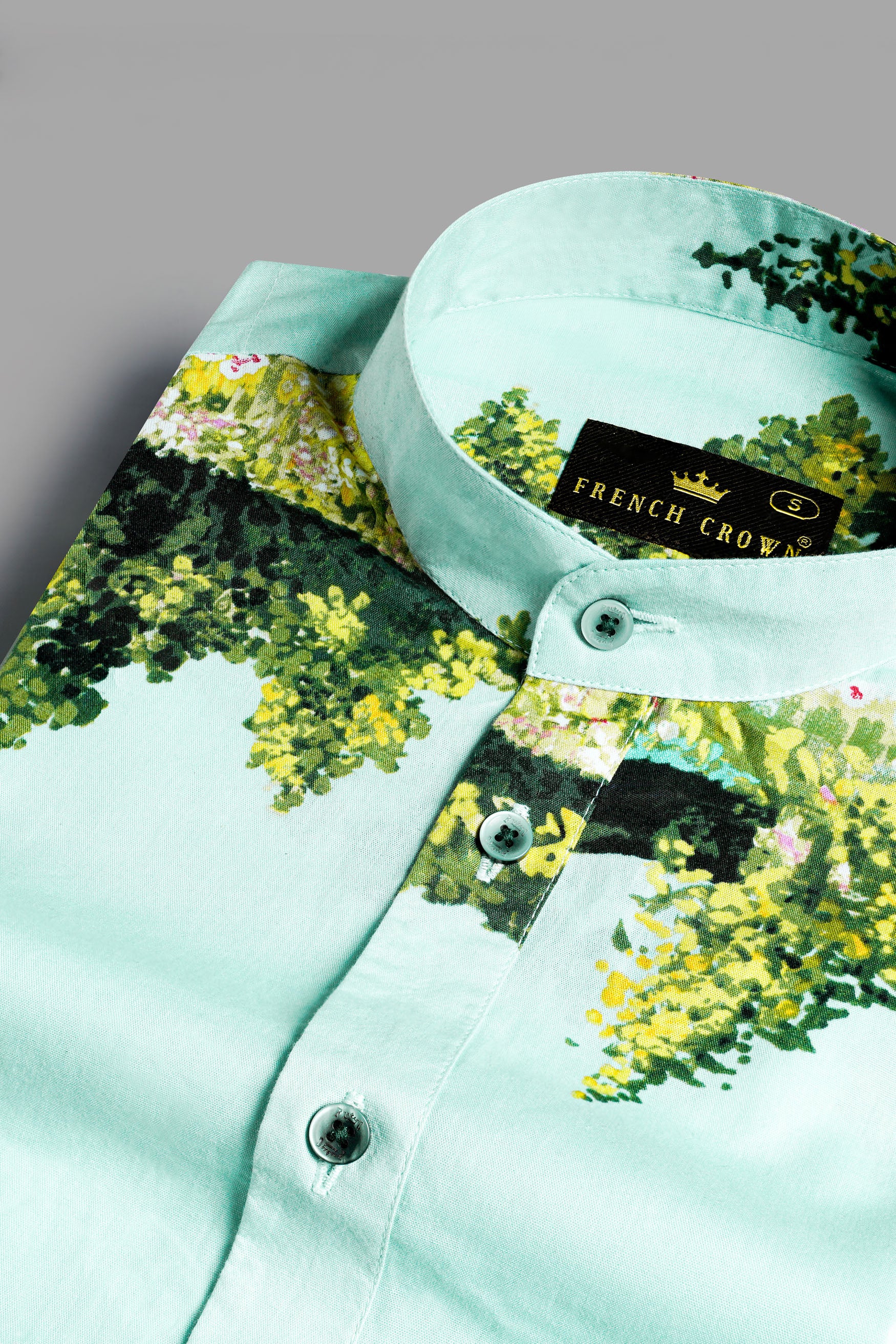 Pale Sky Blue and Chenin Green Landscape Printed Premium Cotton Designer Shirt