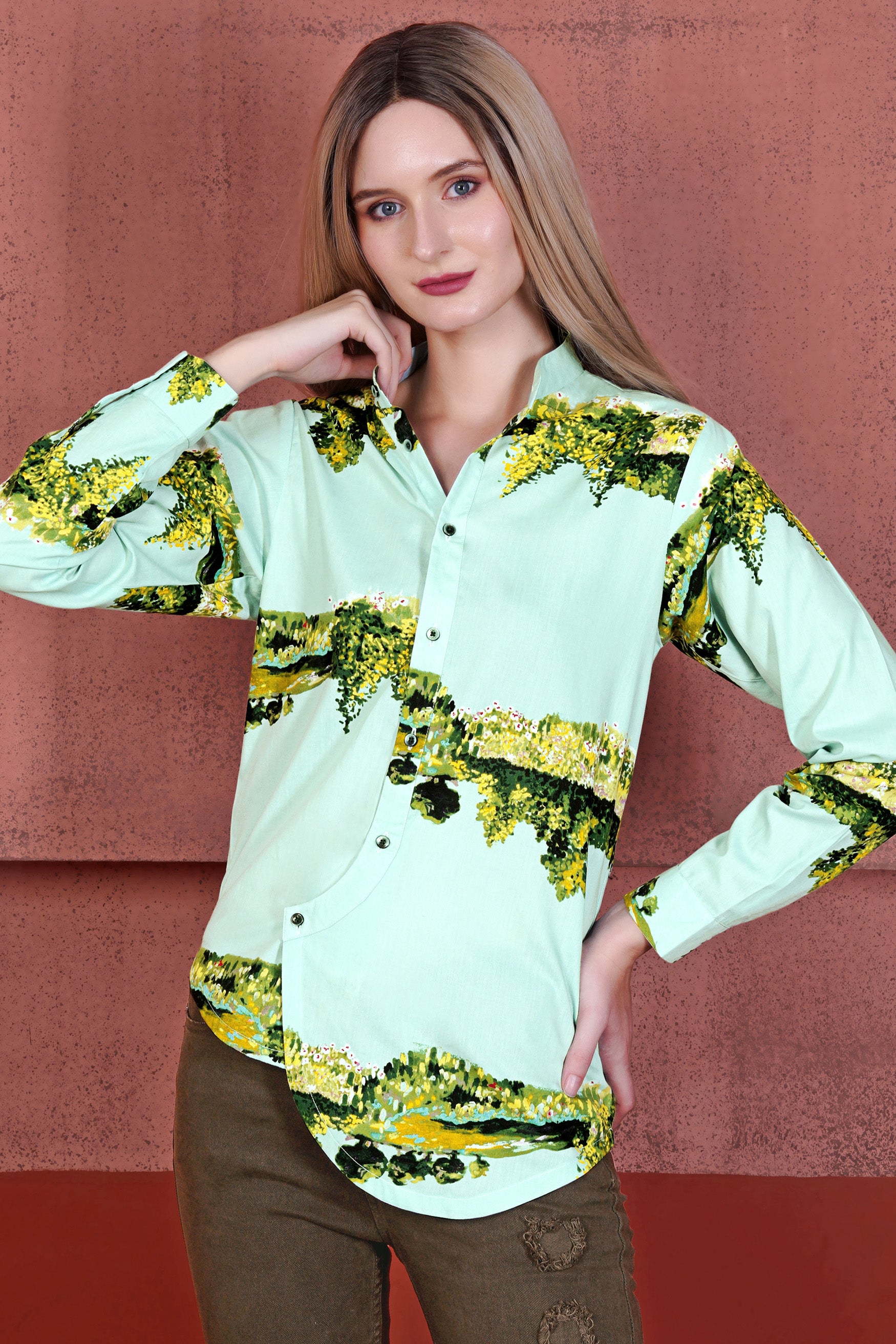 Pale Sky Blue and Chenin Green Landscape Printed Premium Cotton Designer Shirt