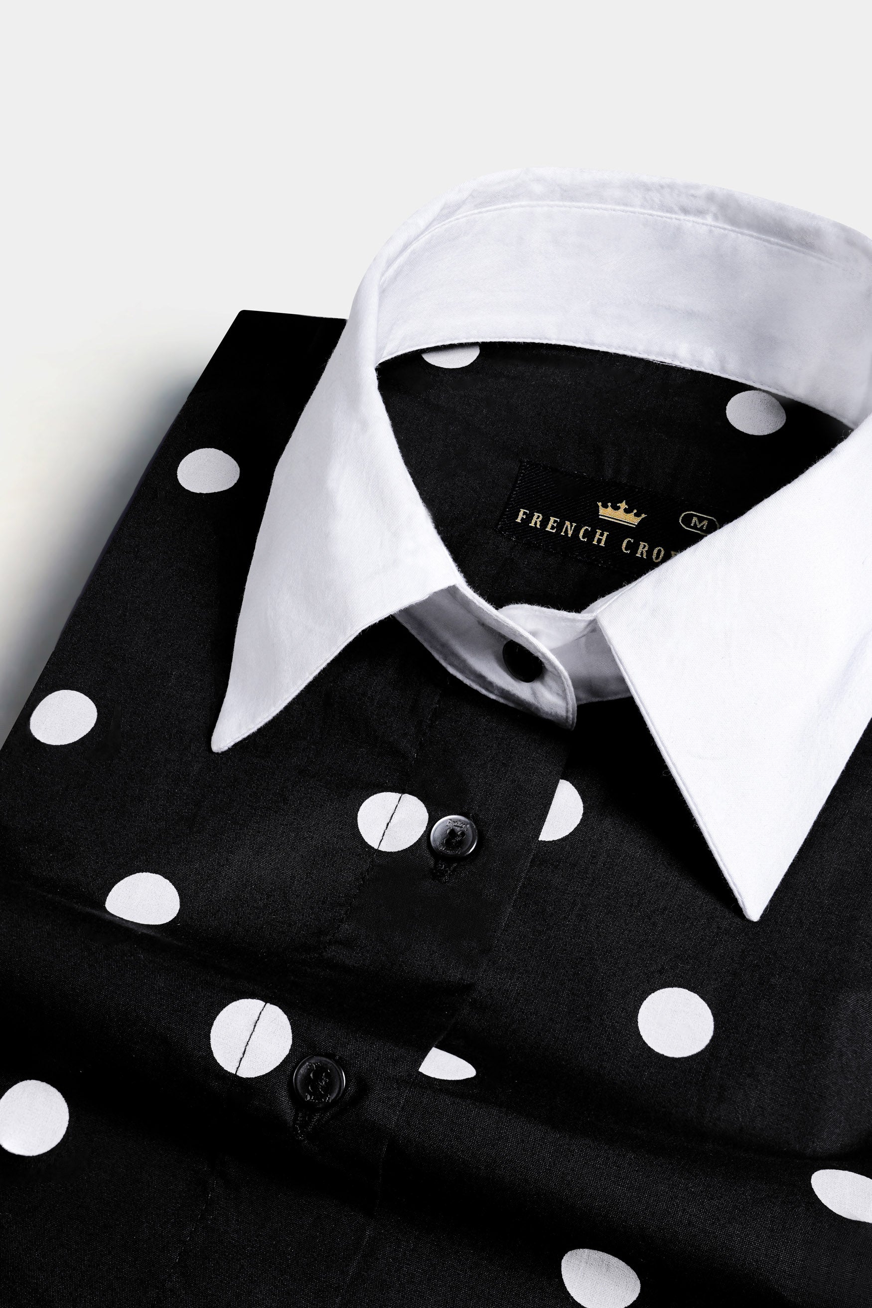 Jade Black and White Polka Dotted Premium Cotton Shirt With White Cuffs and Collar