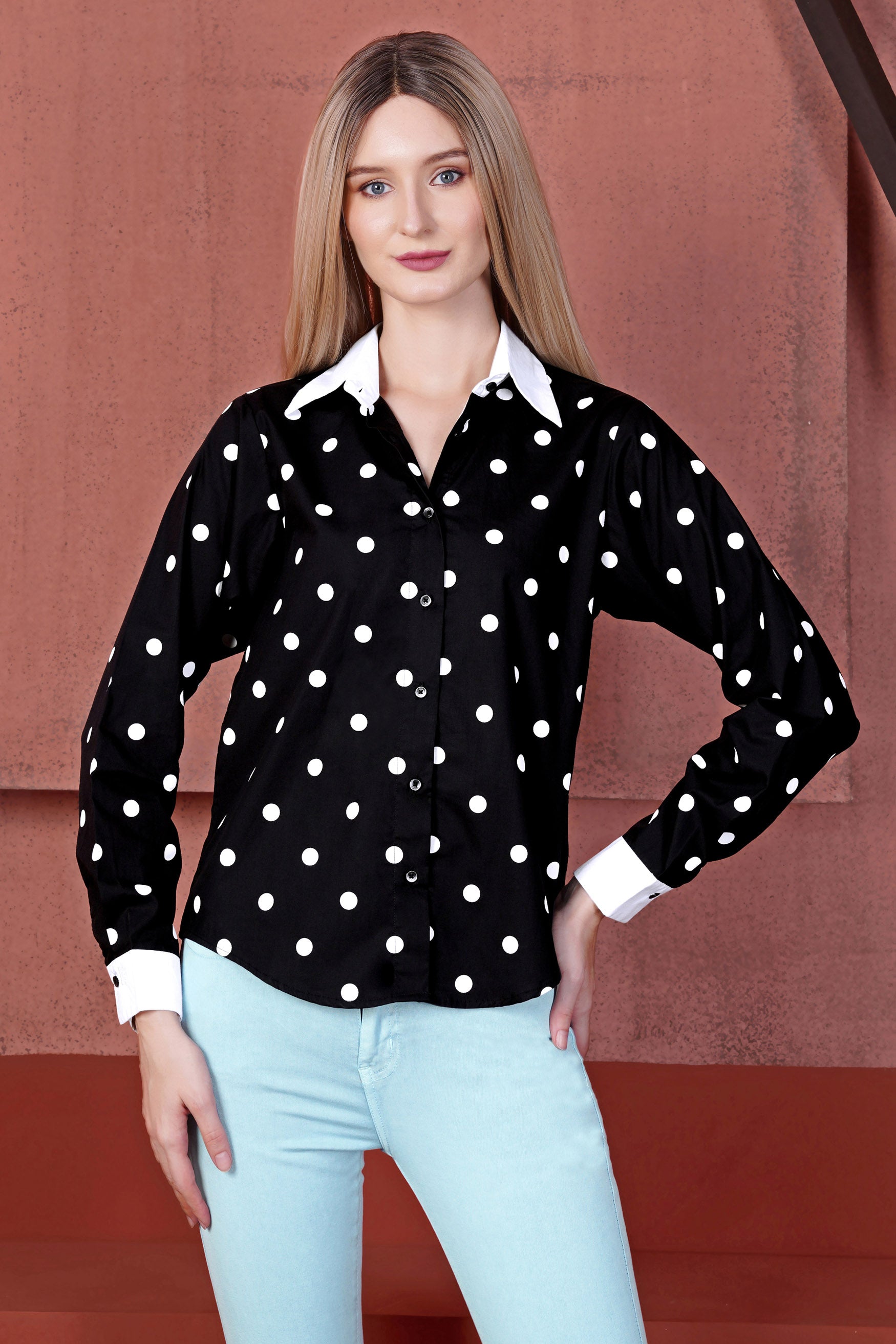 Jade Black and White Polka Dotted Premium Cotton Shirt With White Cuffs and Collar