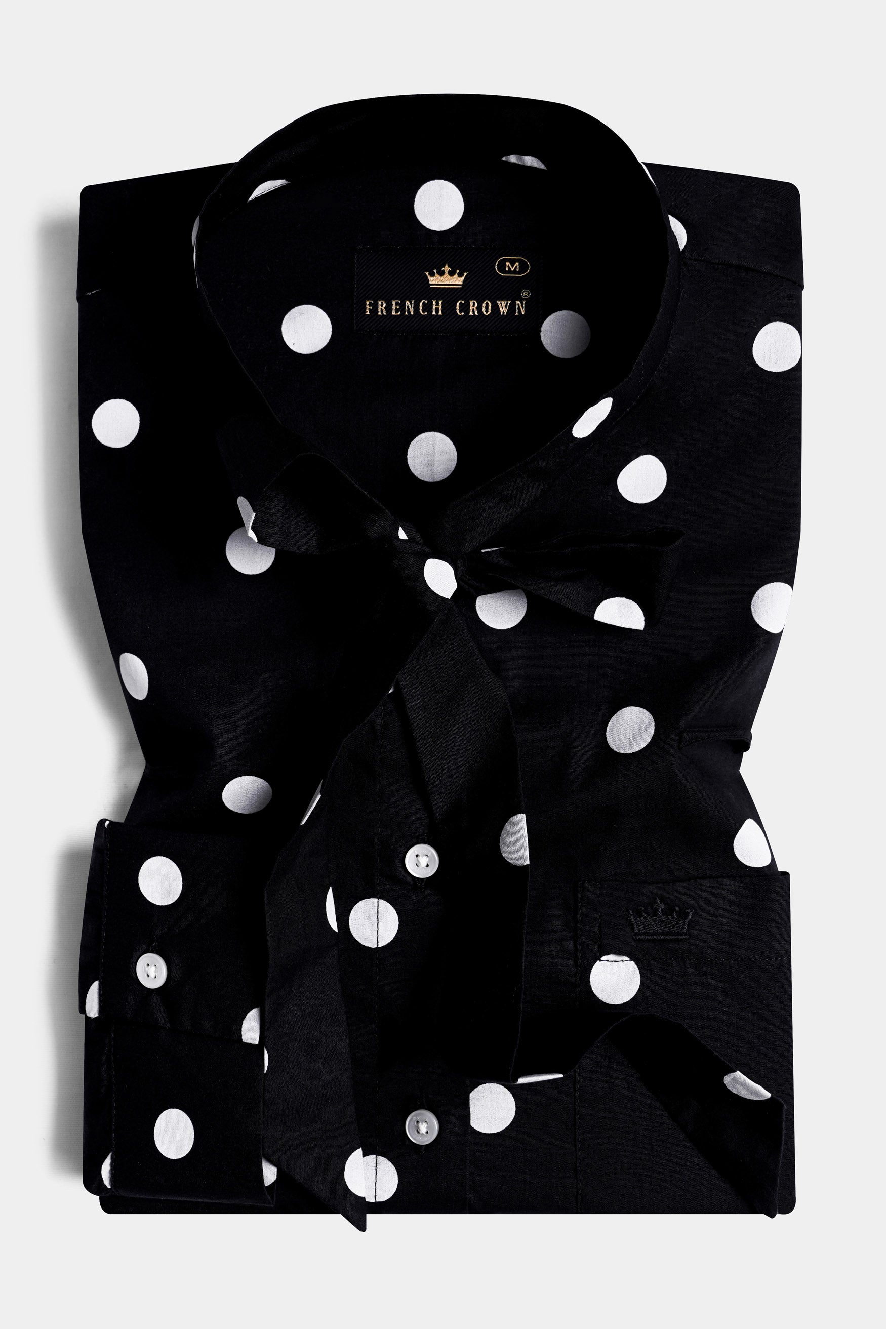 Jade Black and Bright White Polka Dotted Premium Cotton Shirt With Tie-up Neck