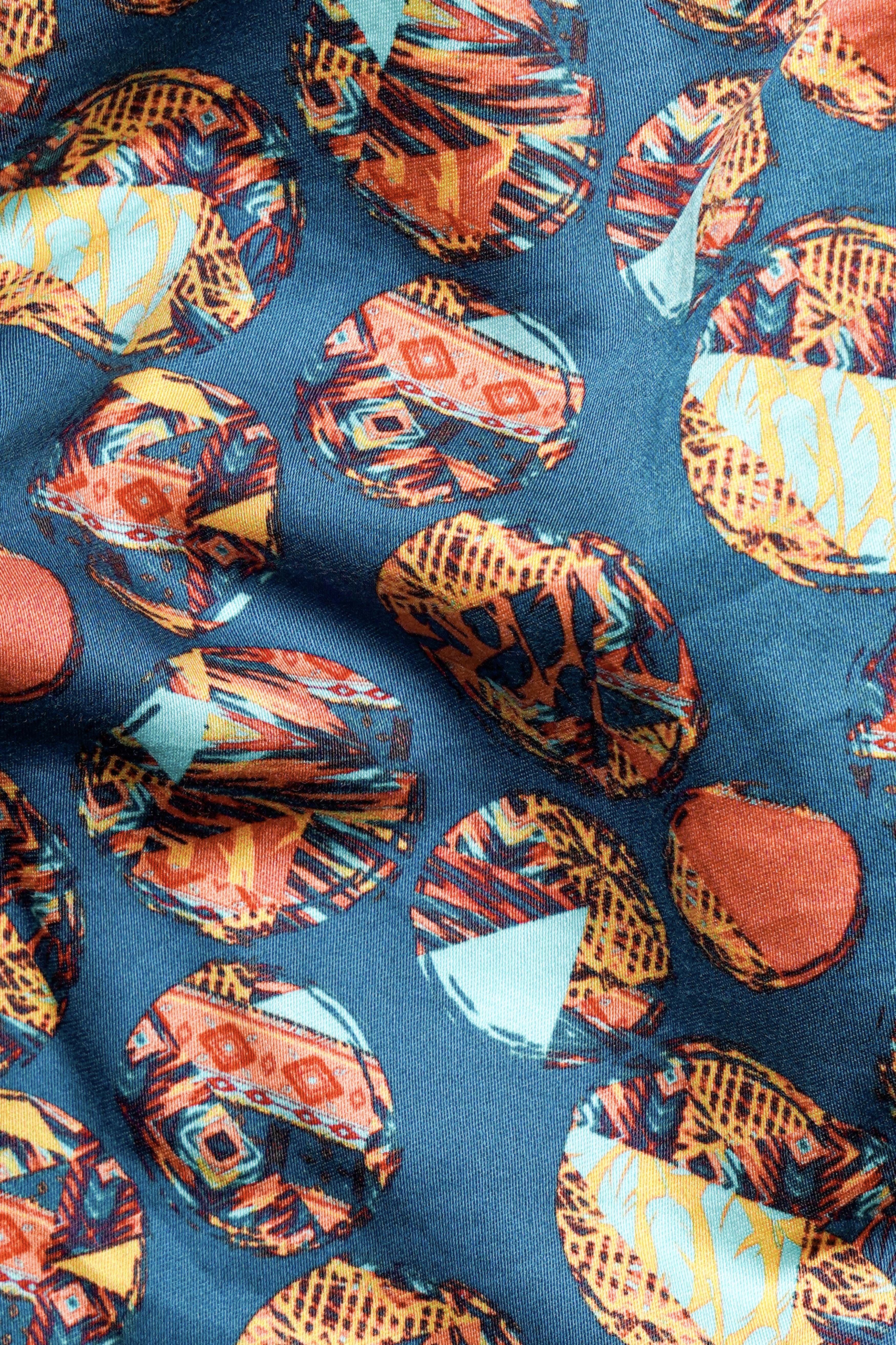 Cyan Blue with Salmon Peach Geometric Printed Premium Cotton Crop Shirt