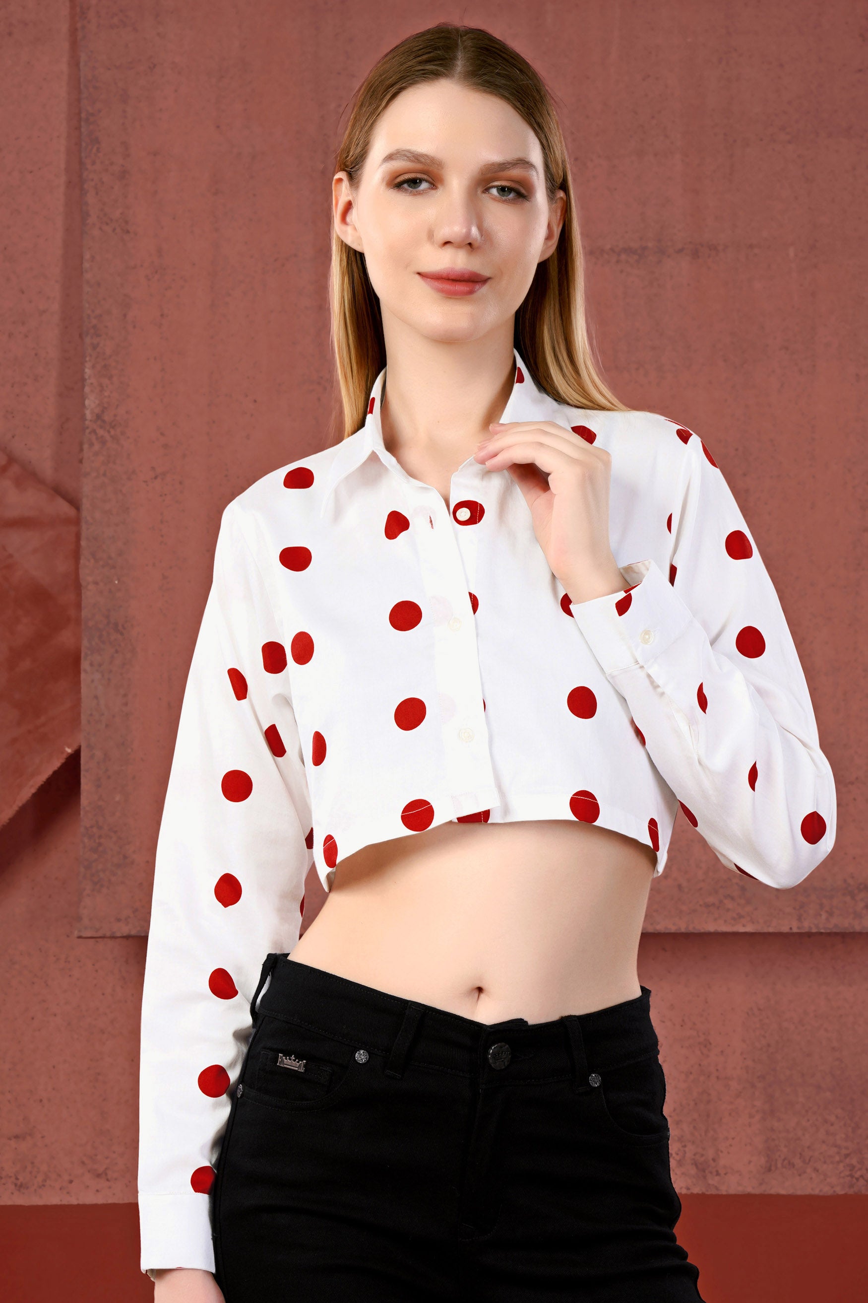 Bright White with Monza Red Polka Dotted Premium Cotton Crop Shirt