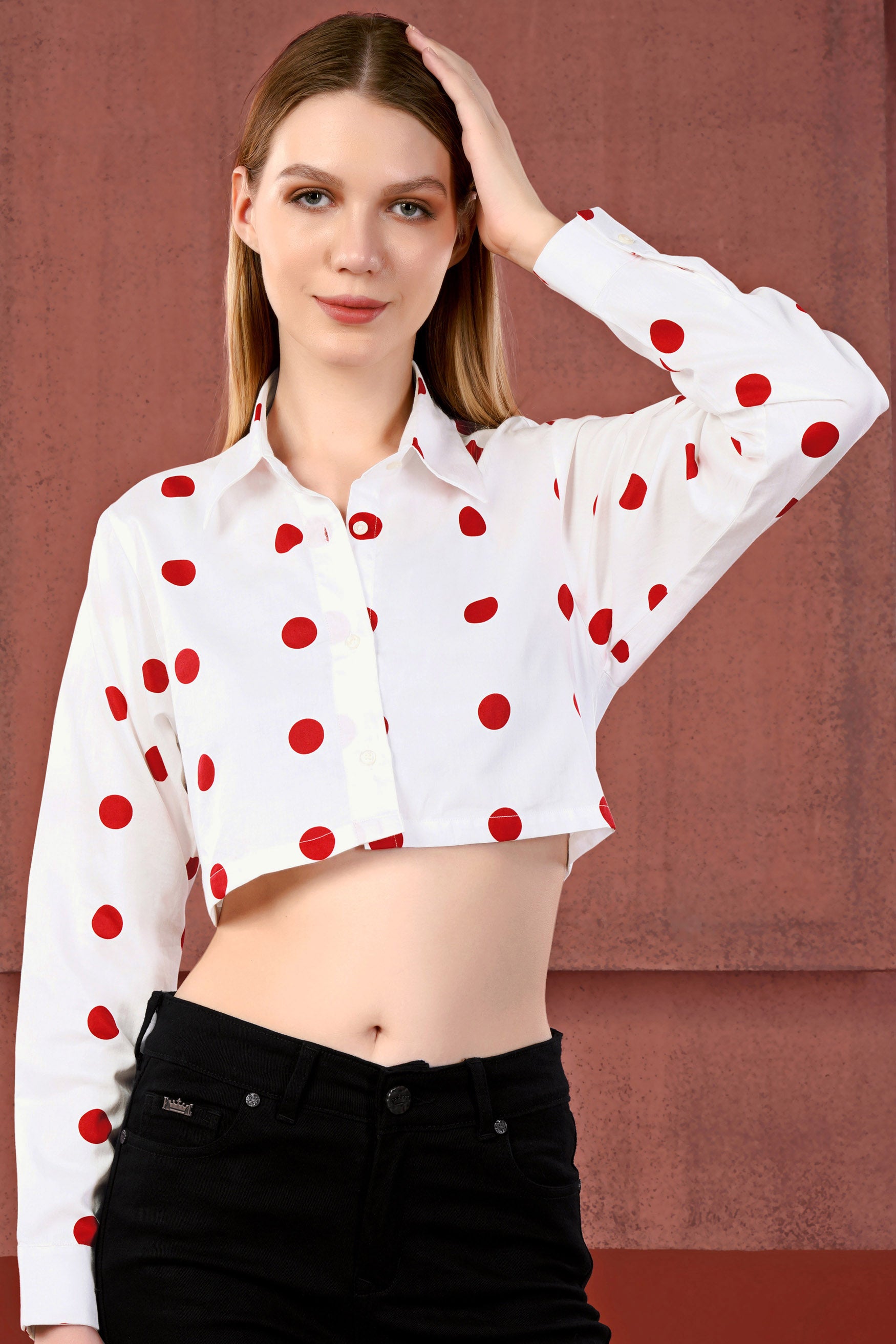 Bright White with Monza Red Polka Dotted Premium Cotton Crop Shirt