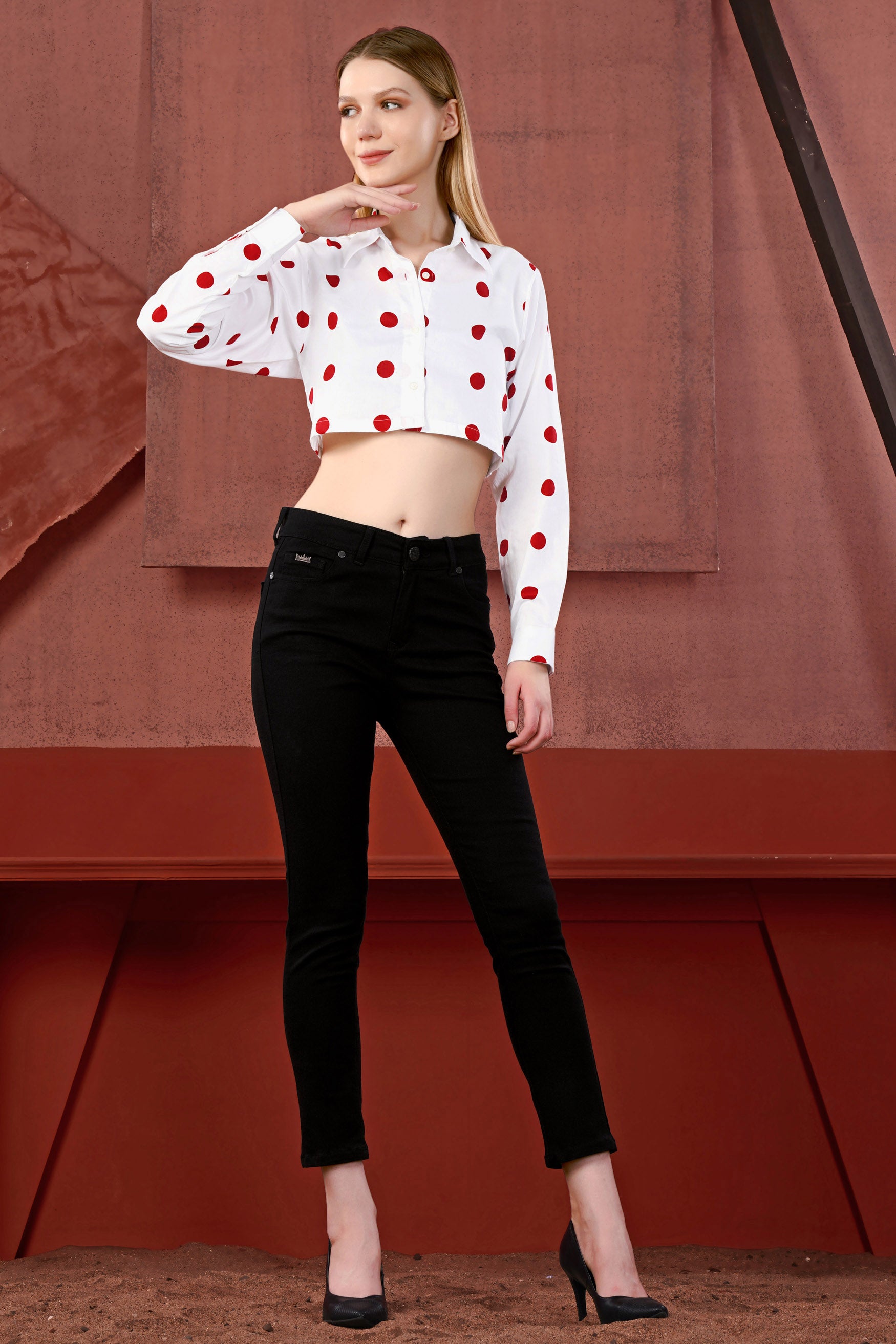 Bright White with Monza Red Polka Dotted Premium Cotton Crop Shirt