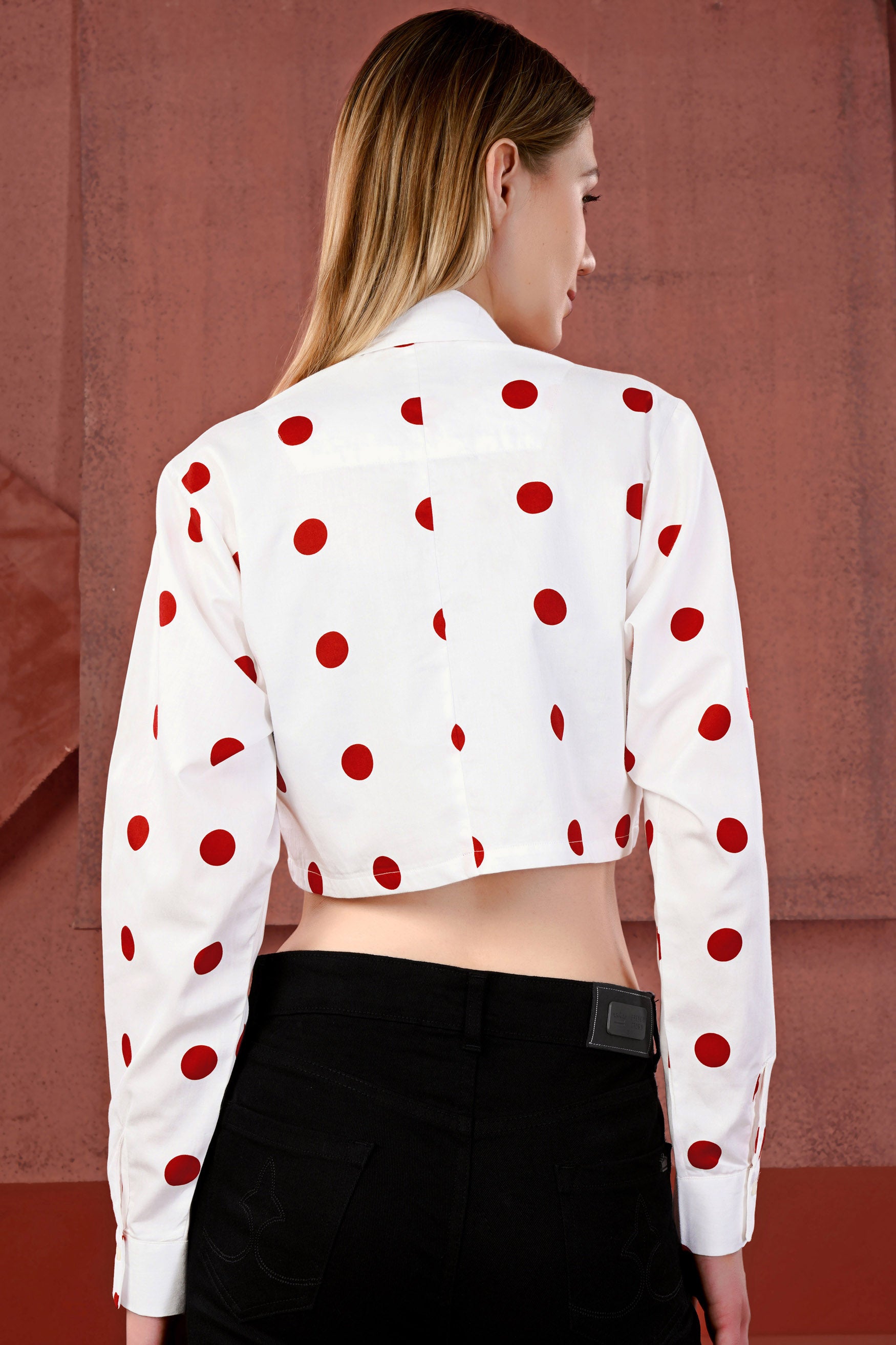 Bright White with Monza Red Polka Dotted Premium Cotton Crop Shirt