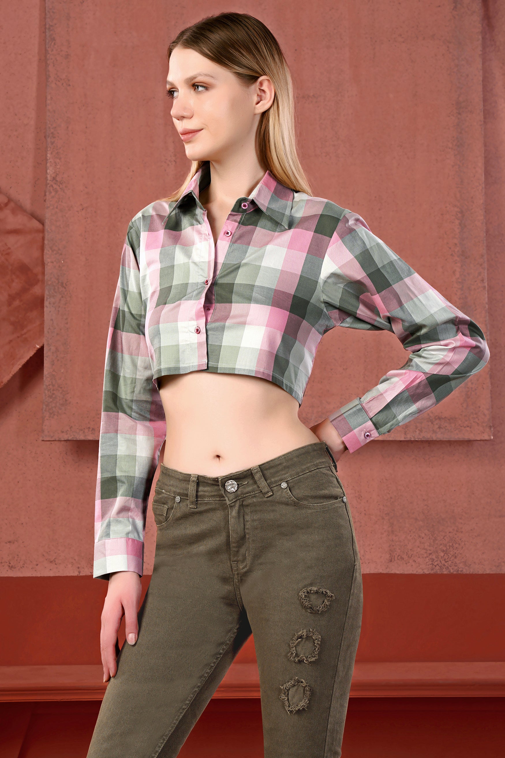 Finch Green with Kawaii Pink Multicolour Checked Premium Cotton Crop Shirt
