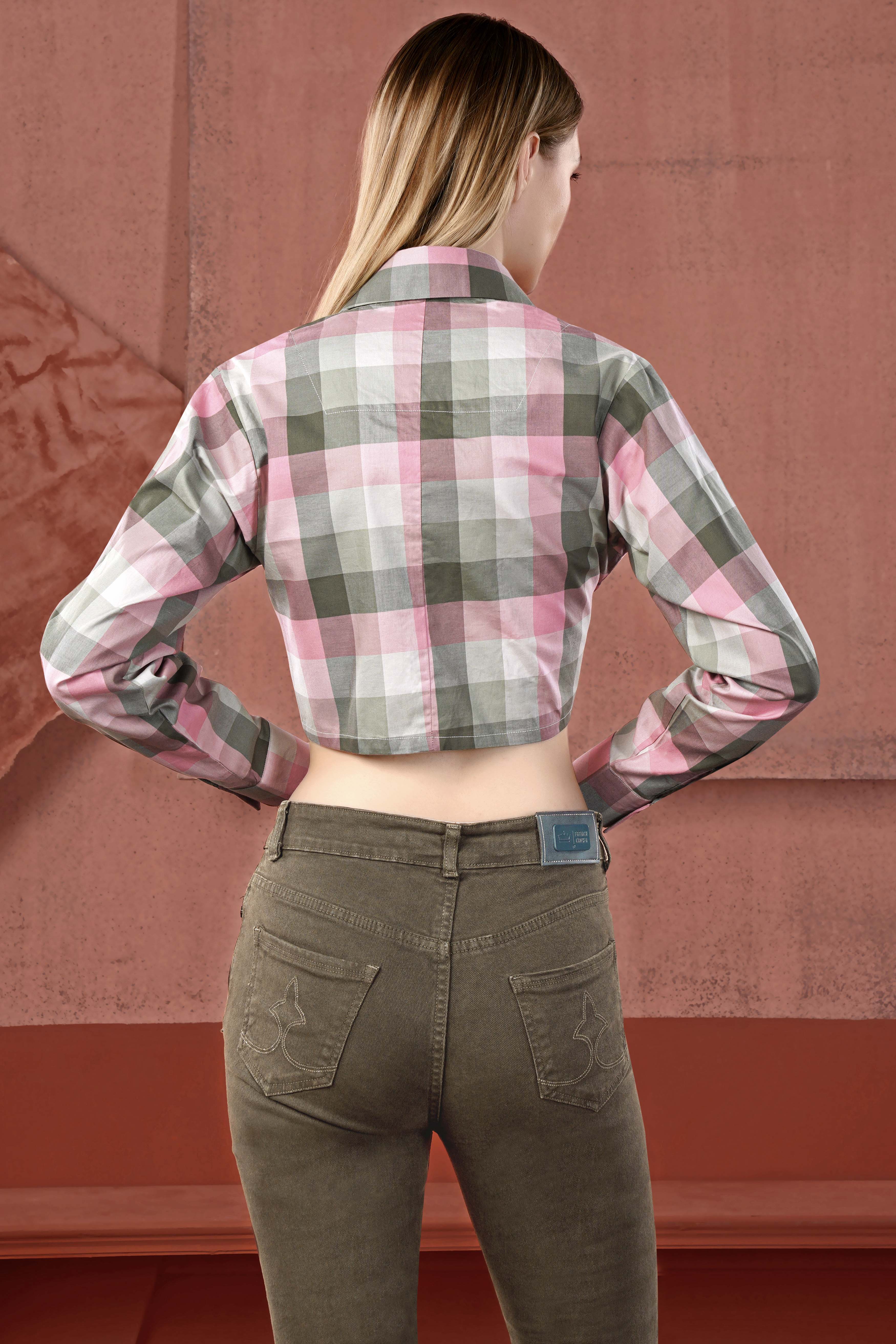 Finch Green with Kawaii Pink Multicolour Checked Premium Cotton Crop Shirt