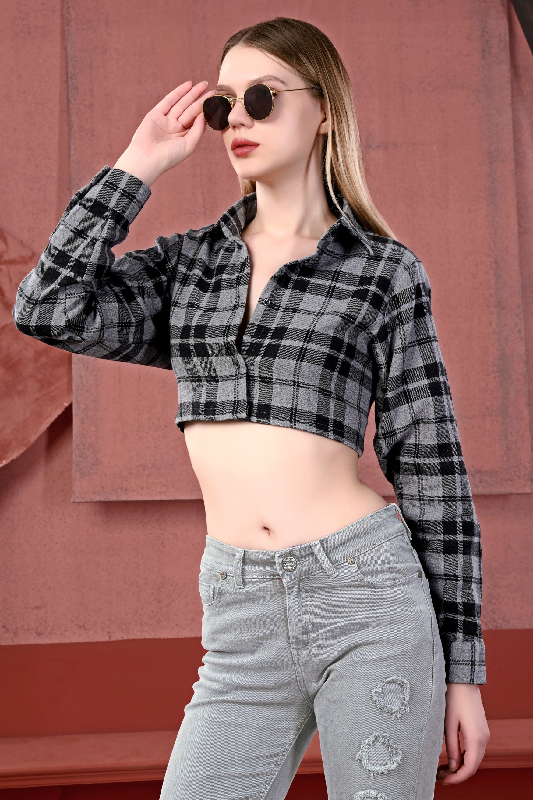 Venus Gray and Tealish Black Flannel Plaid Crop Shirt