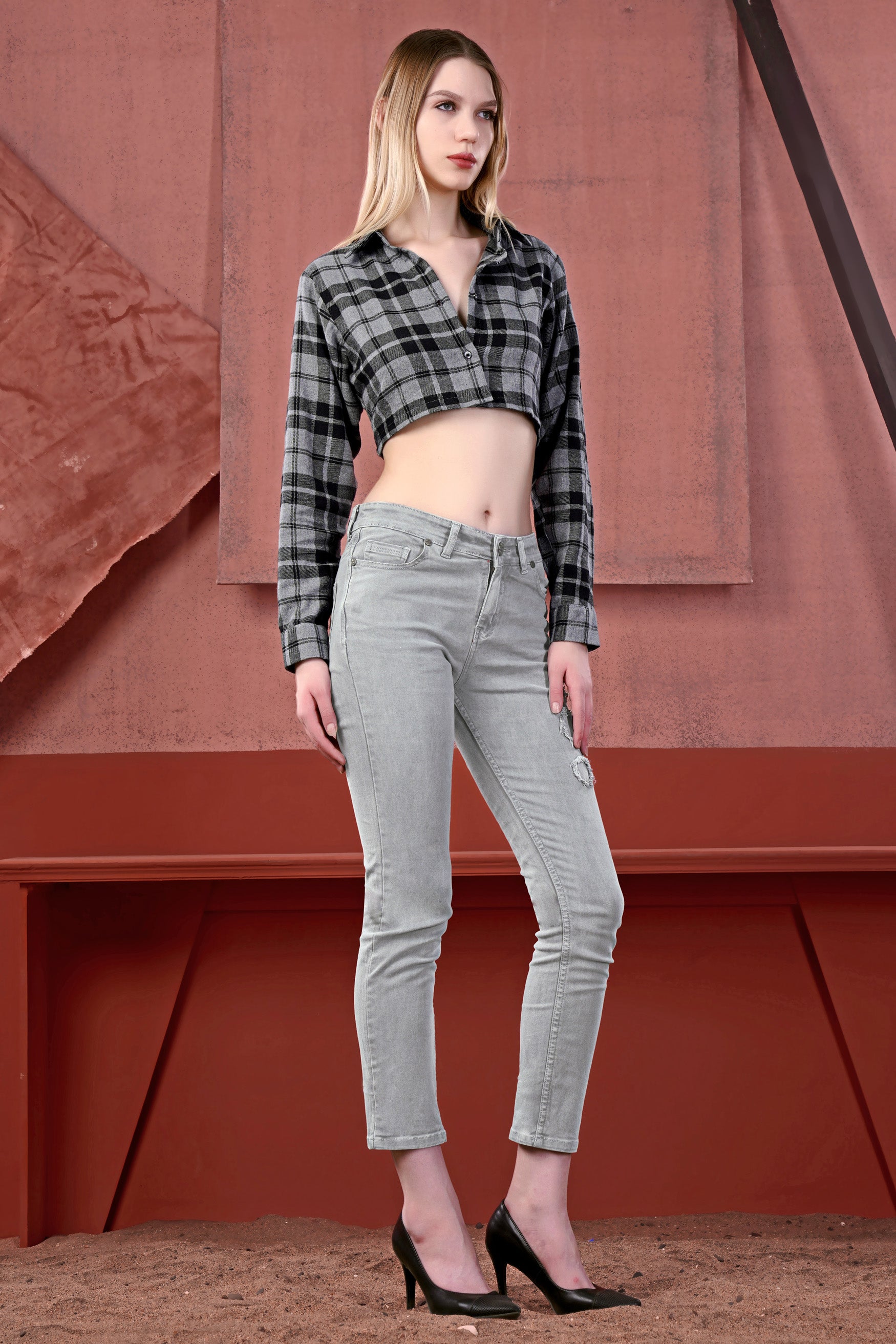 Venus Gray and Tealish Black Flannel Plaid Crop Shirt