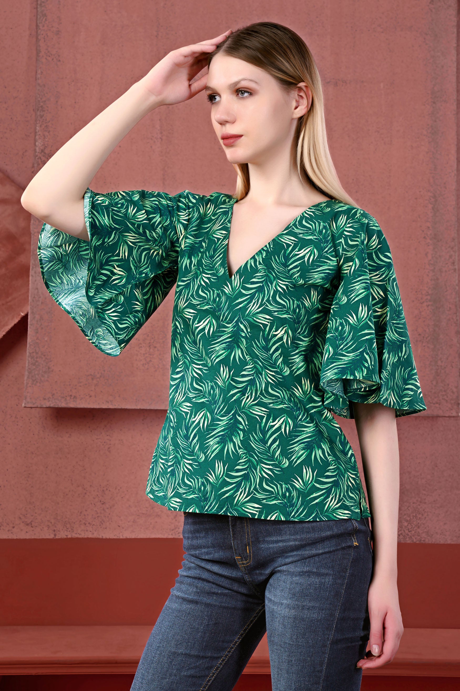 Cyprus Green and Deep Teal Green Leaves Printed Bell Sleeves Premium Cotton V Neck Shirt