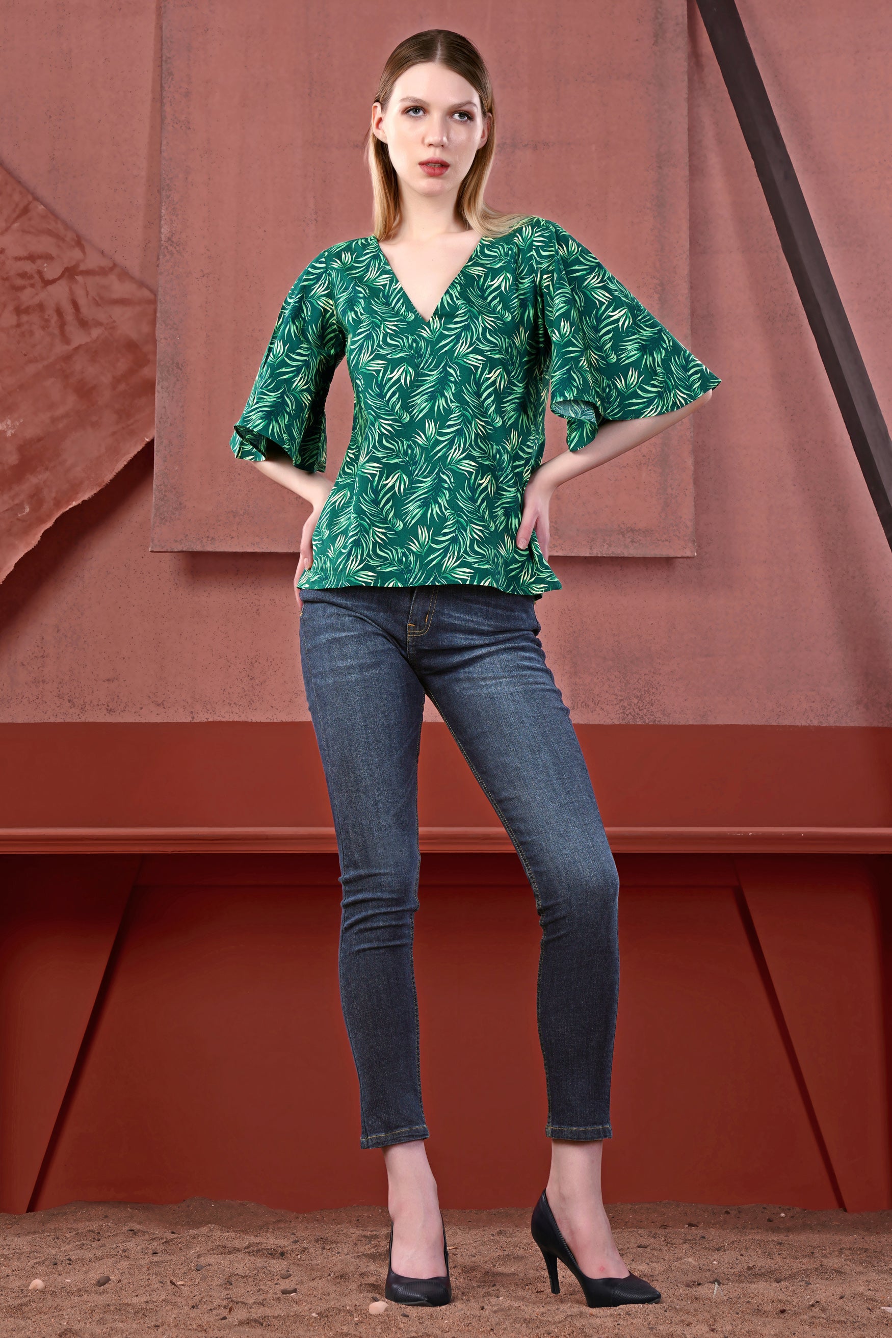 Cyprus Green and Deep Teal Green Leaves Printed Bell Sleeves Premium Cotton V Neck Shirt