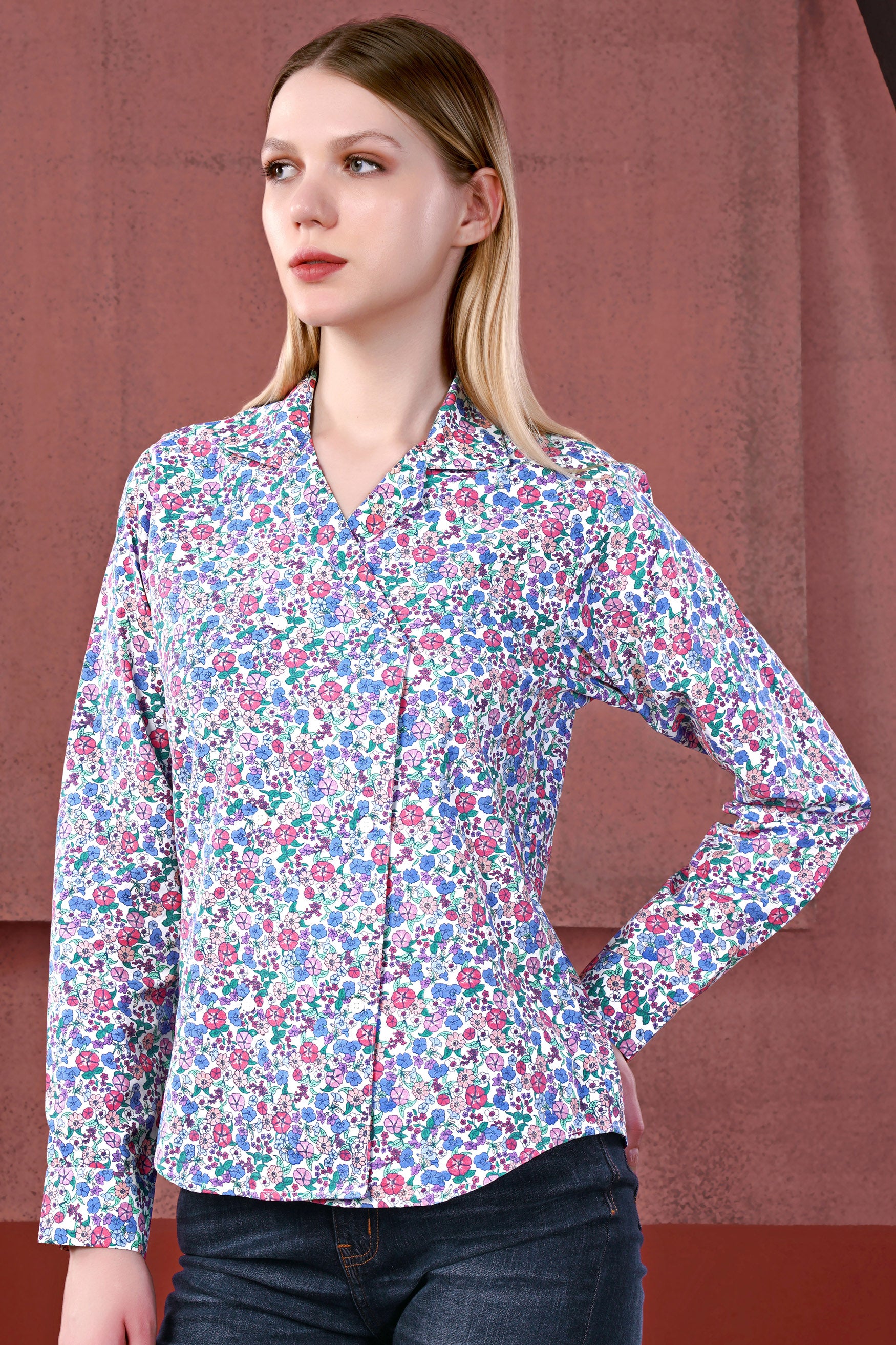 Bright White with Mauve Pink Multicolour Ditsy Printed Premium Cotton Designer Shirt