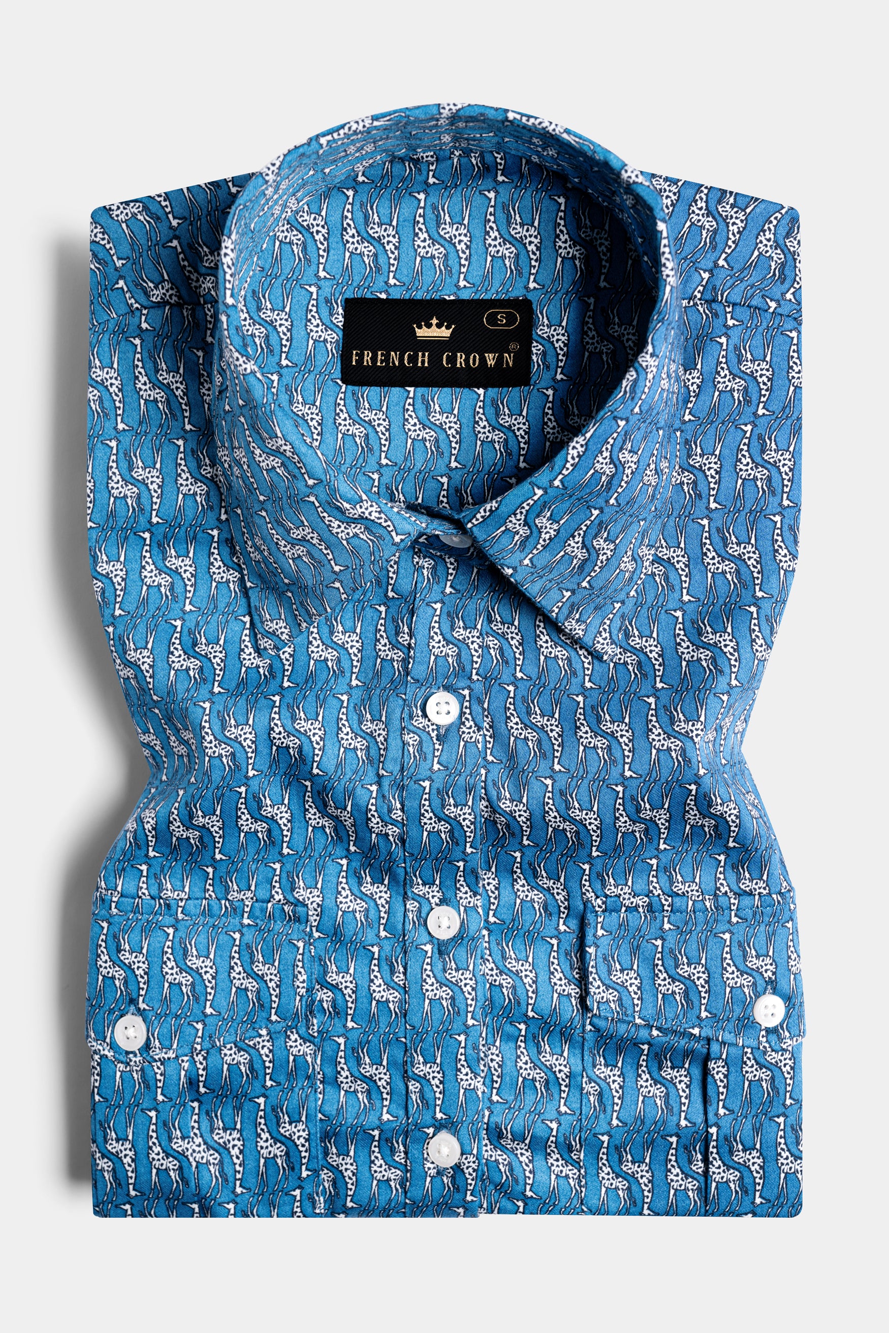 Peacock Blue and Bright White Giraffes Printed Premium Cotton Designer Shirt