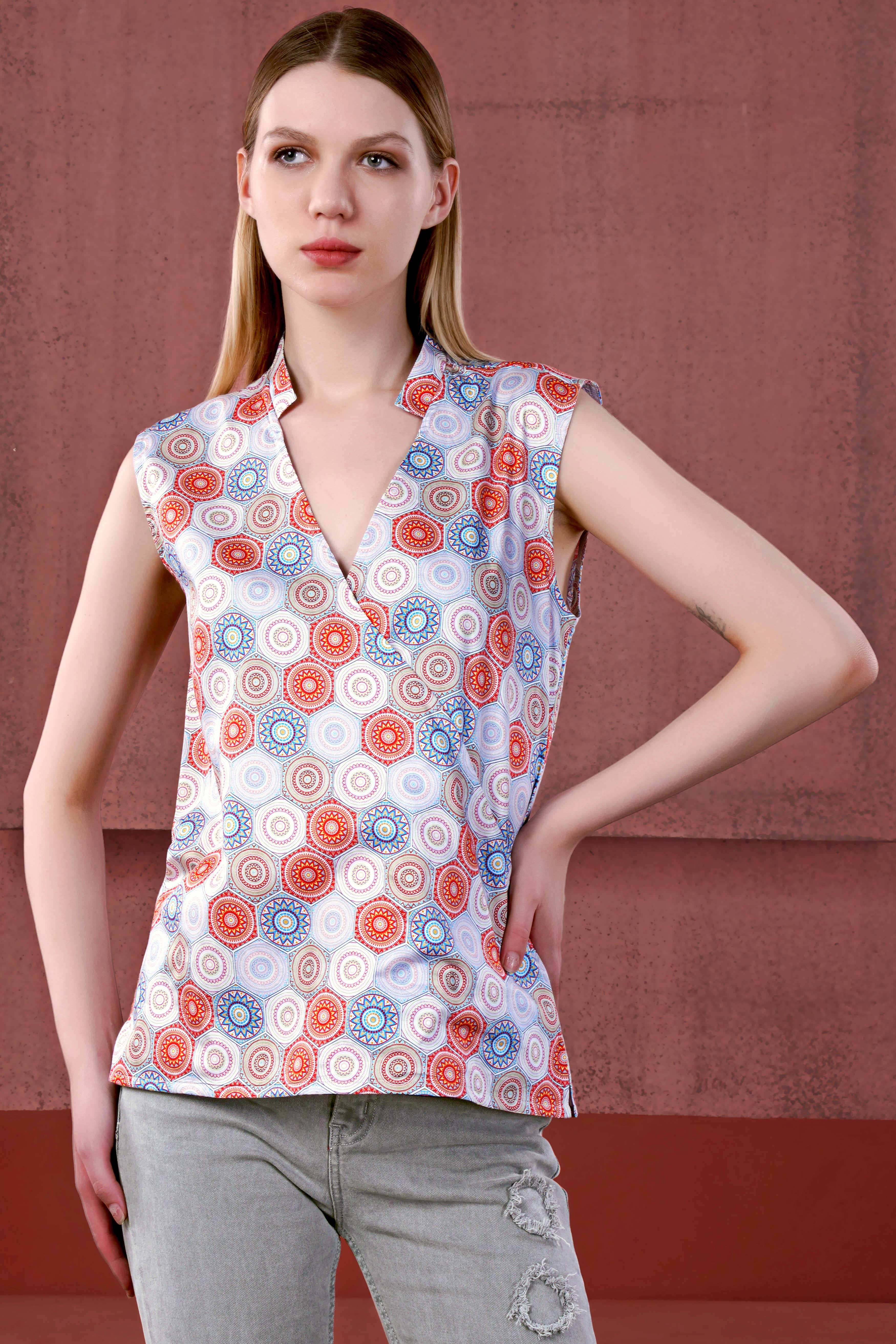 Merlot Red and White Multicolour Hexagonal Printed Premium Cotton Sleeveless Shirt