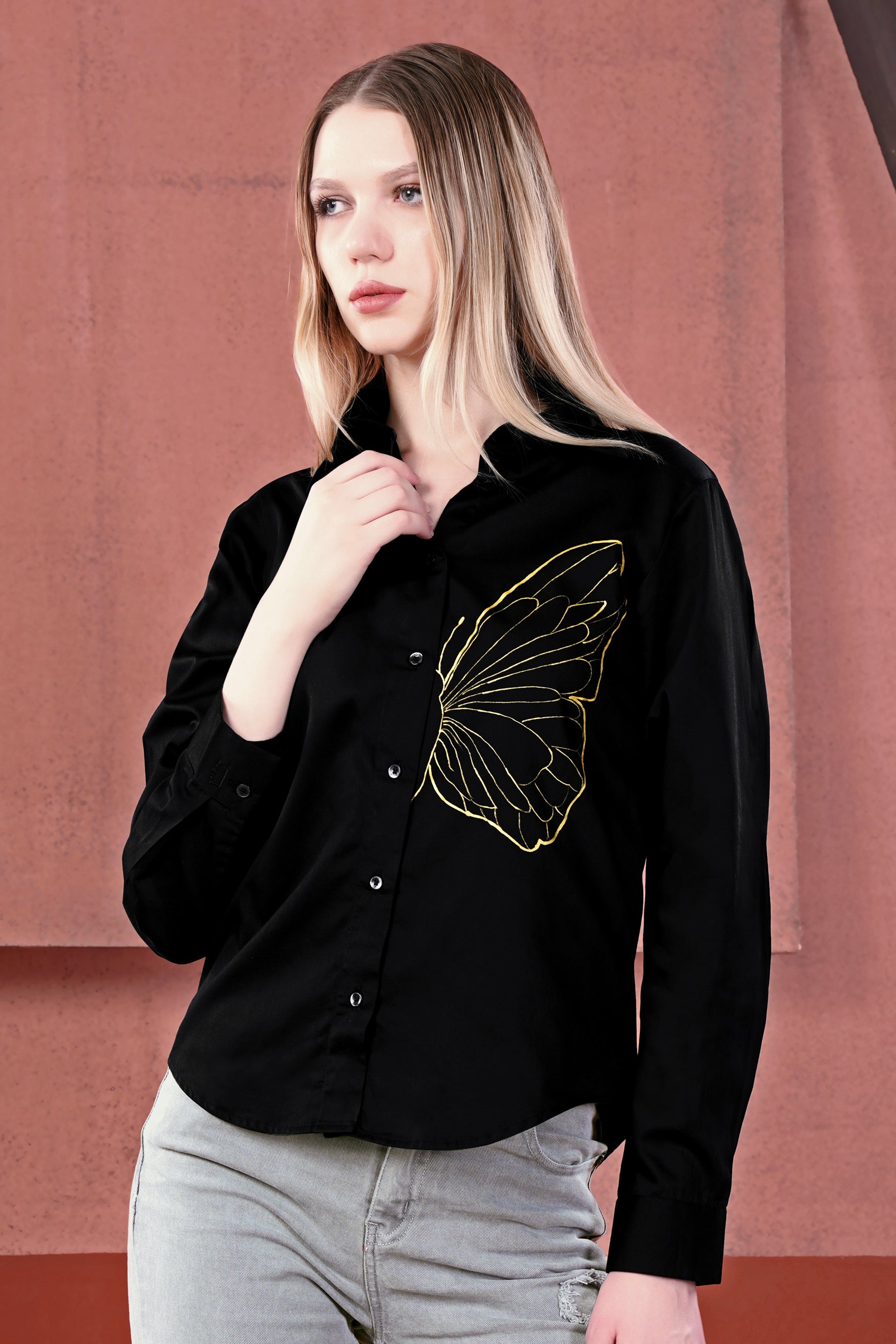 Jade Black Butterfly Wing Hand Painted Premium Cotton Designer Shirt