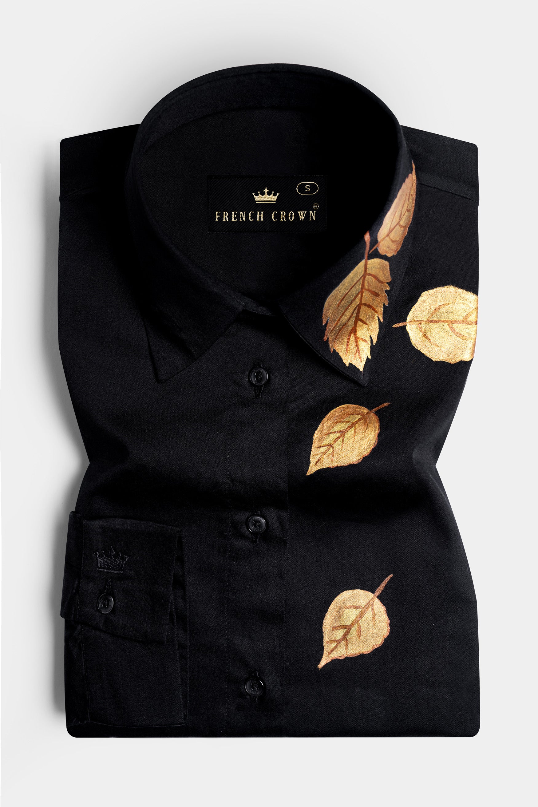 Jade Black Leaves Hand Painted Premium Cotton Tie Up Style Designer Shirt