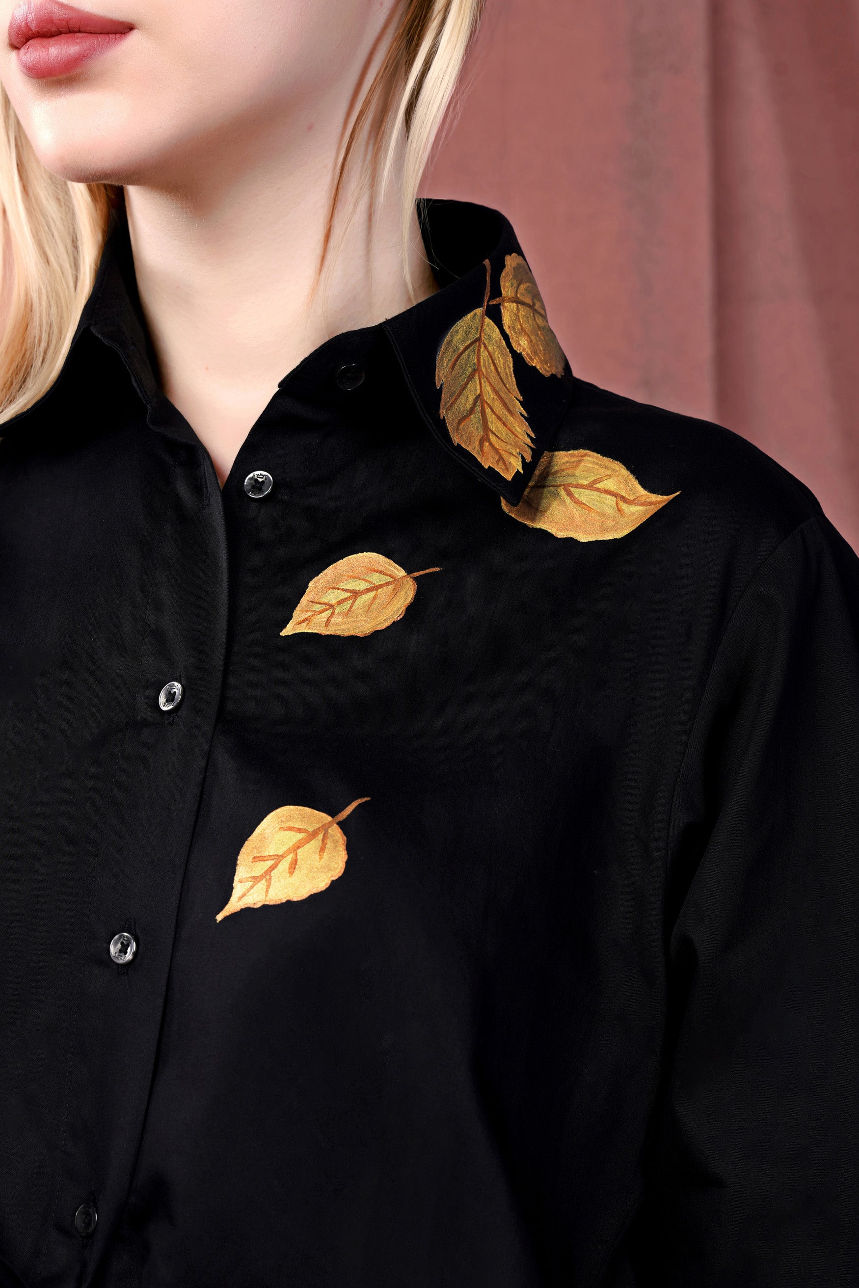 Jade Black Leaves Hand Painted Premium Cotton Tie Up Style Designer Shirt