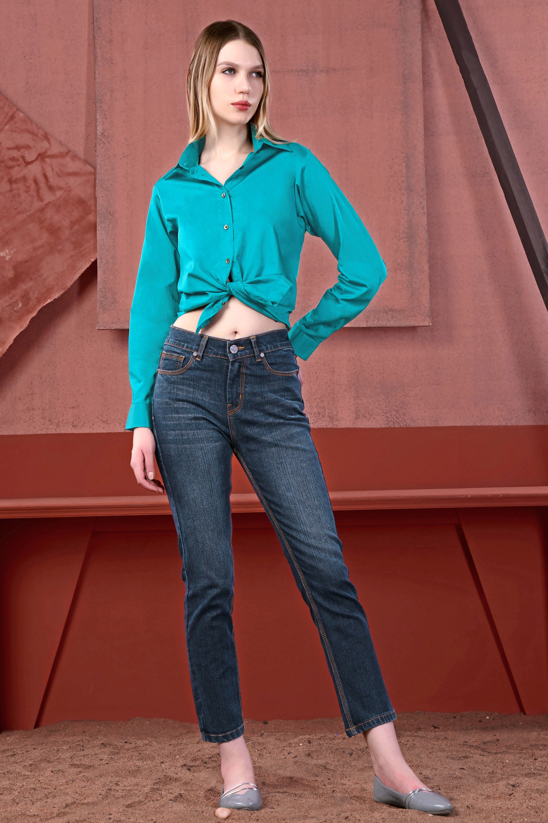 Cerulean Blue Premium Cotton Tie Up Style Crop Shirt