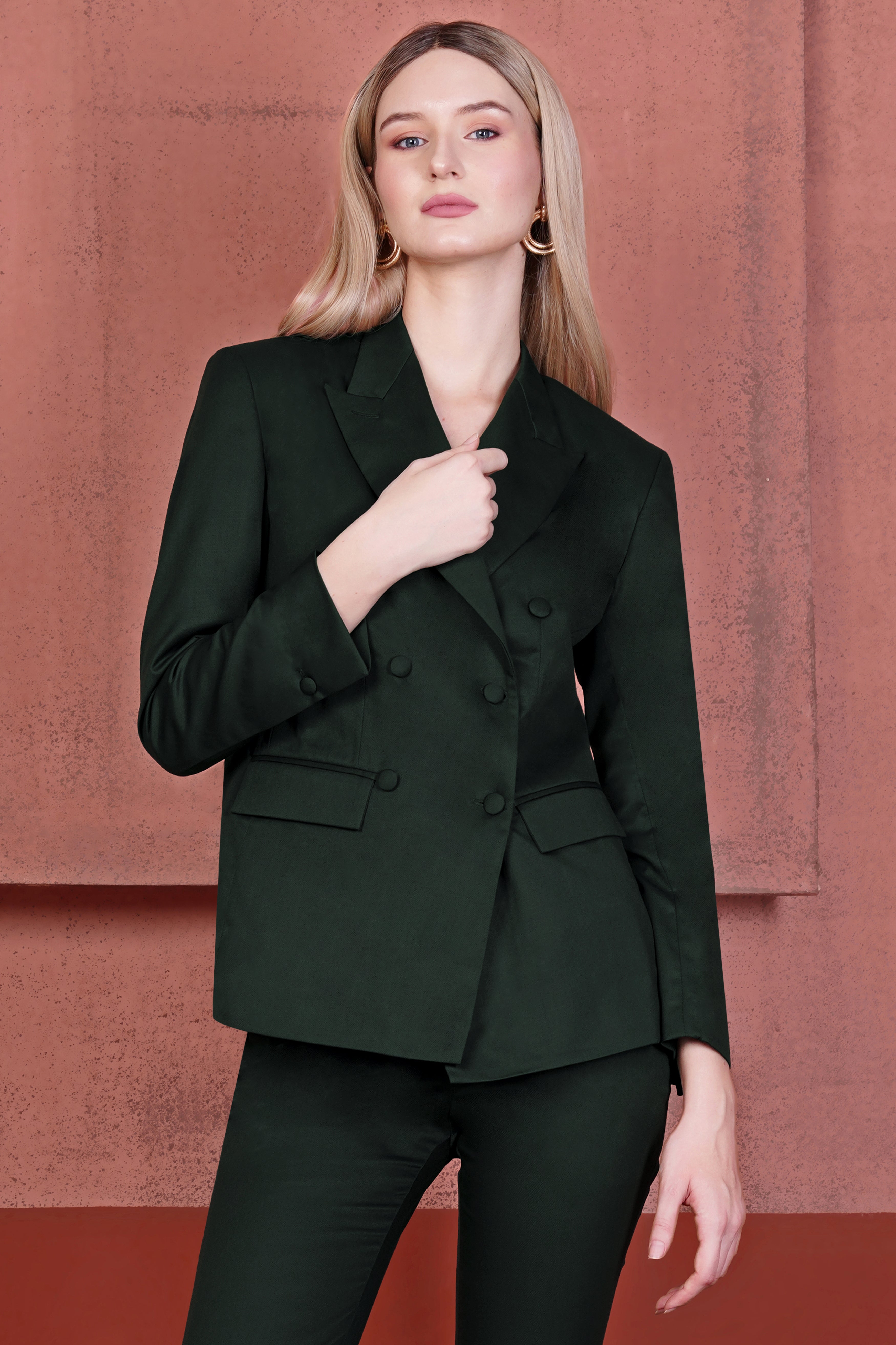 Juniper Green Plain-Solid Premium Terry-Rayon Double-Breasted