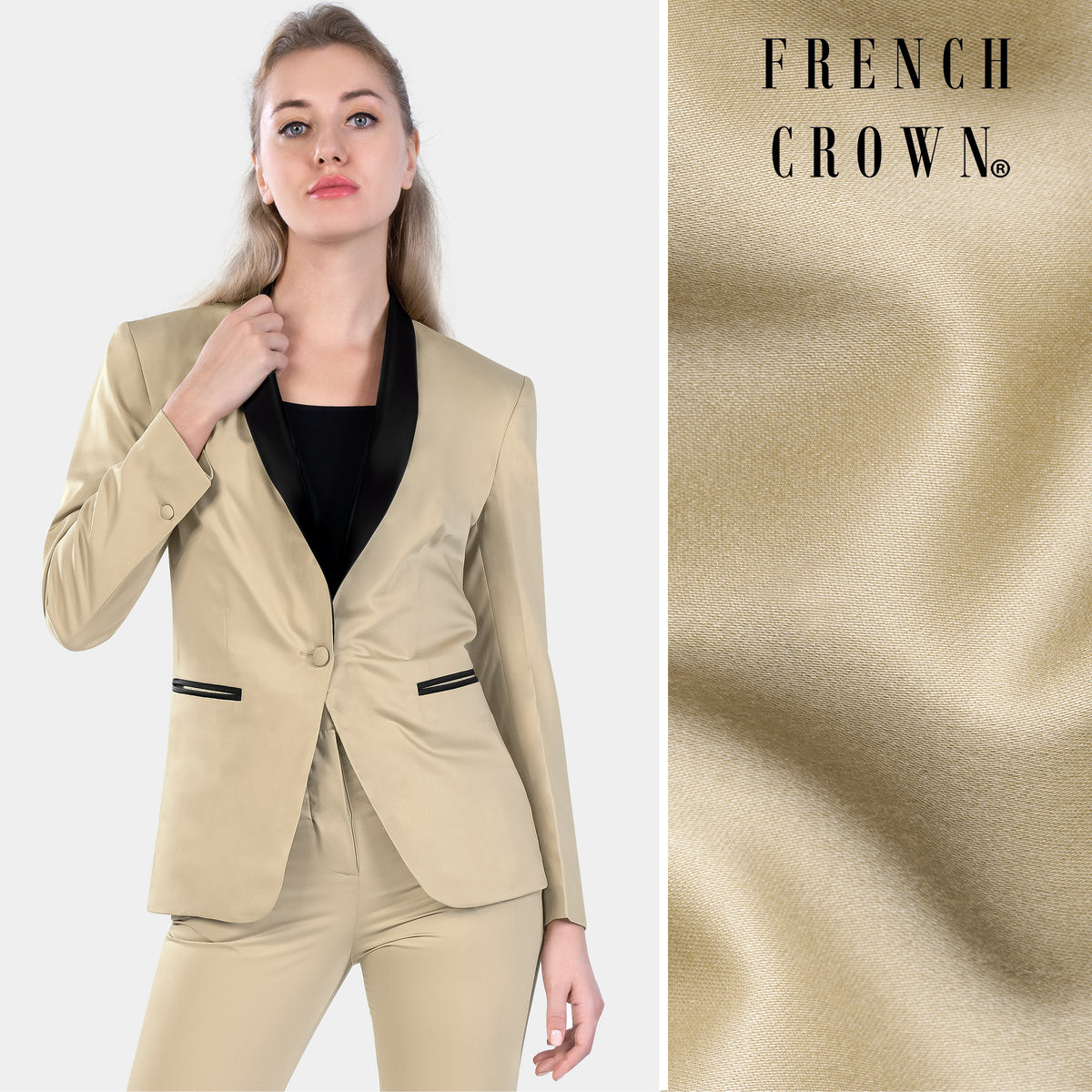 Hazelnut Cream with Black Plain-Solid Premium Terry-Rayon Tuxedo-Suit ...
