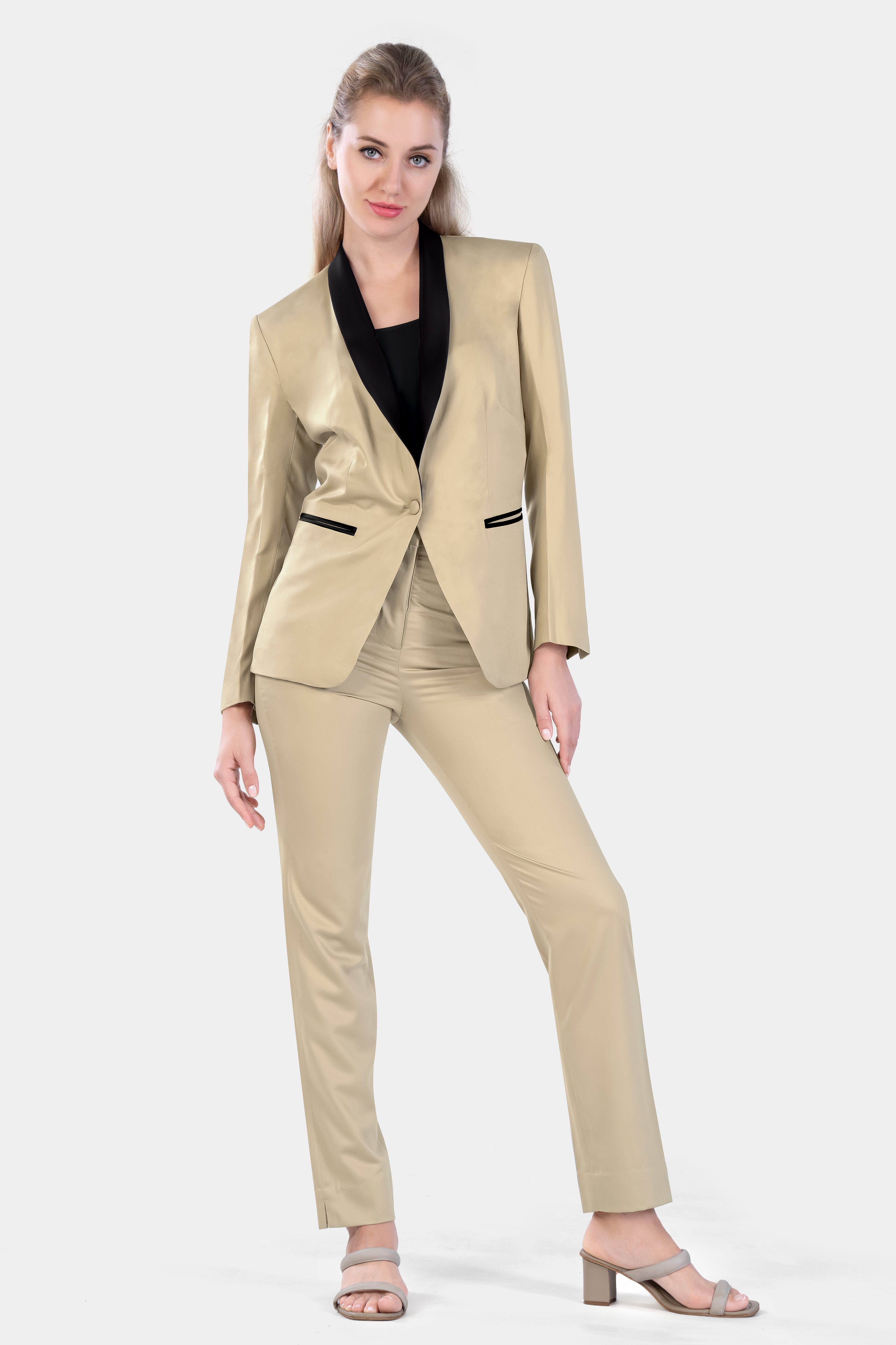 Hazelnut Cream Subtle Sheen with Black Lapel Single Breasted Women's Suit