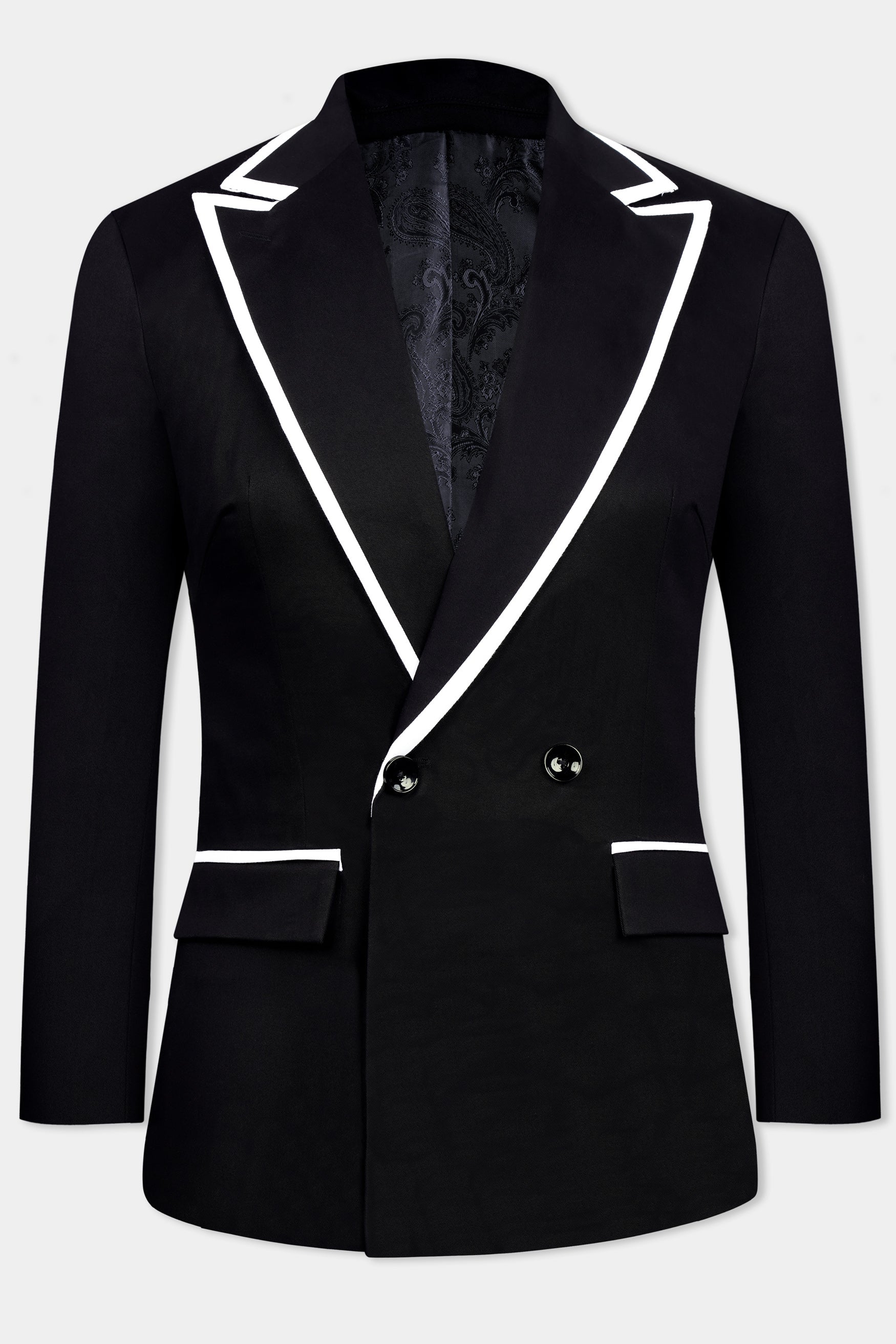 Jade Black With White Piping Work Wool Rich Double Breasted Women’s Designer Suit