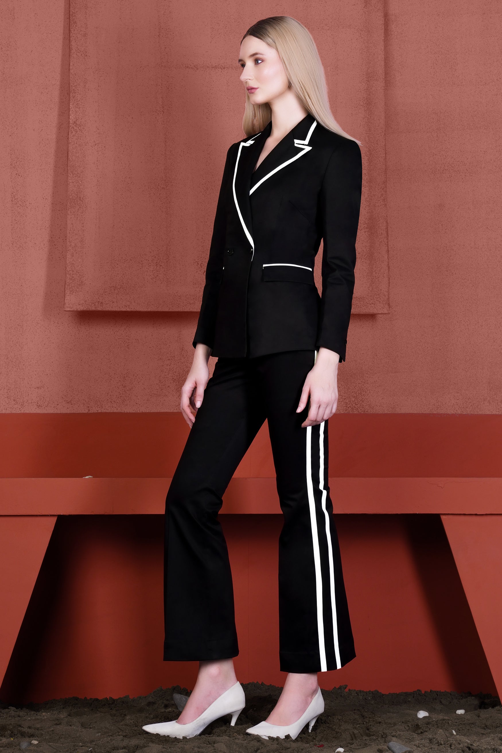 Jade Black With White Piping Work Wool Rich Double Breasted Women’s Designer Suit