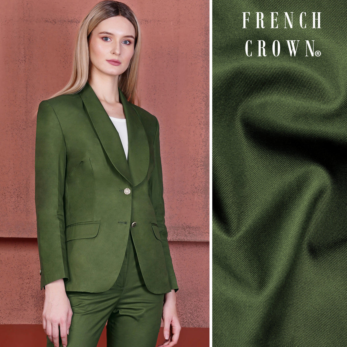 Juniper Green Textured Premium Wool Blend Tuxedo Suit for Women.