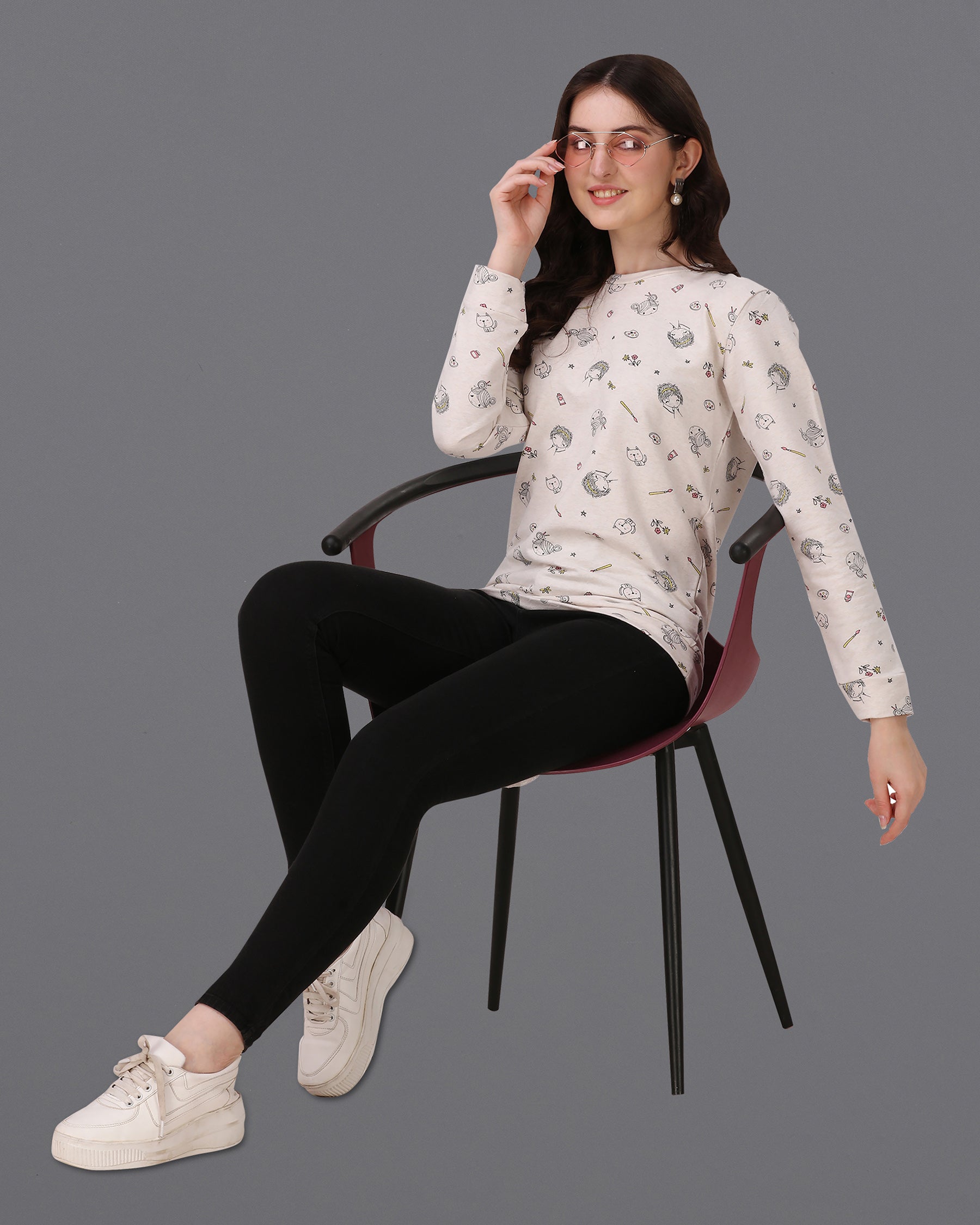 Bianca Cream Quirky Printed Premium Cotton Jersey Sweatshirt WTP046-32, WTP046-34, WTP046-36, WTP046-38, WTP046-40, WTP046-42