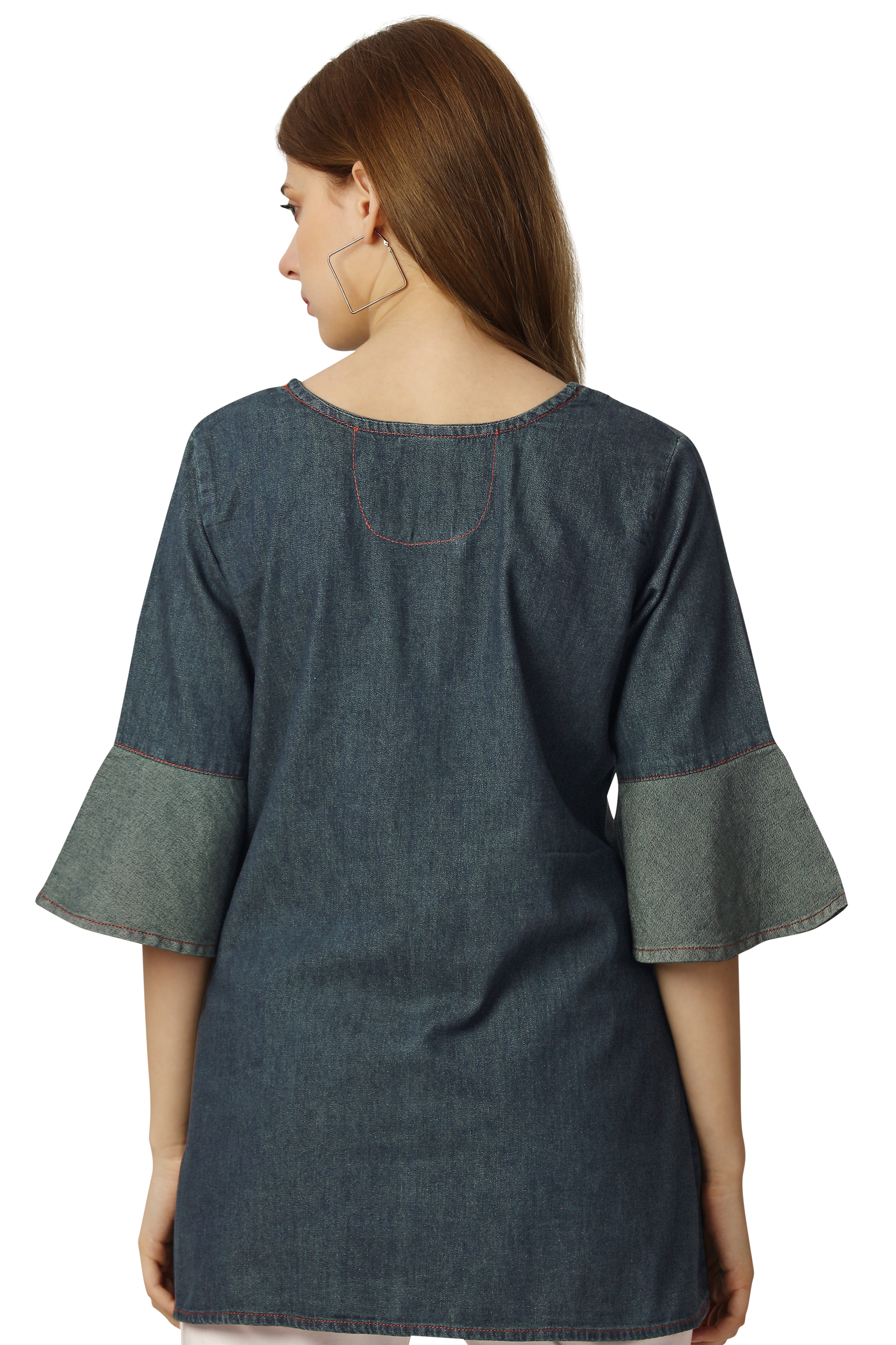 Fuscous Gray with Multicolour Stitched Denim Top