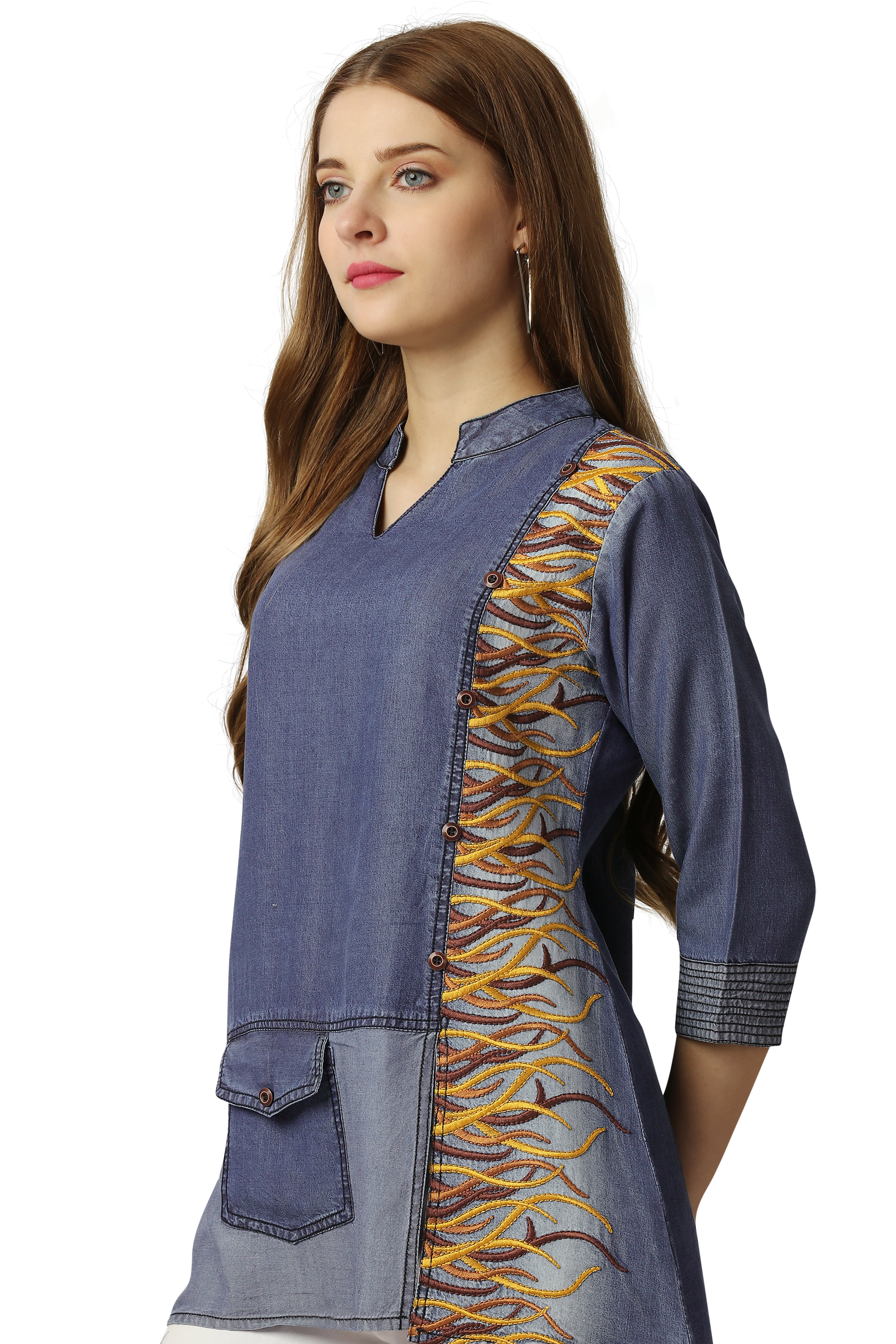 Waikawa Blue Multicolour Embroidered Denim Top