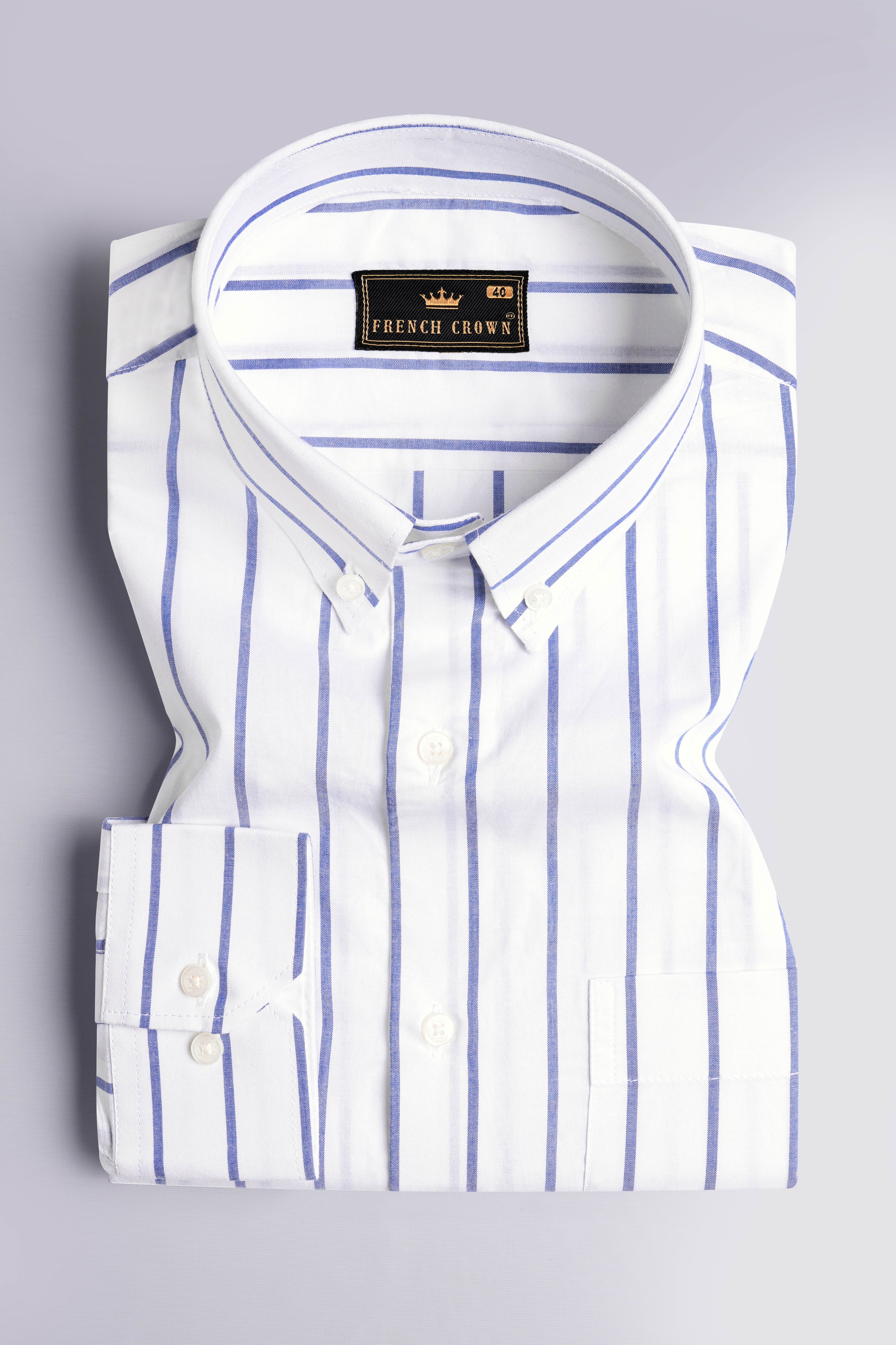 Bright White with Faded Blue Striped Premium Cotton Shirt