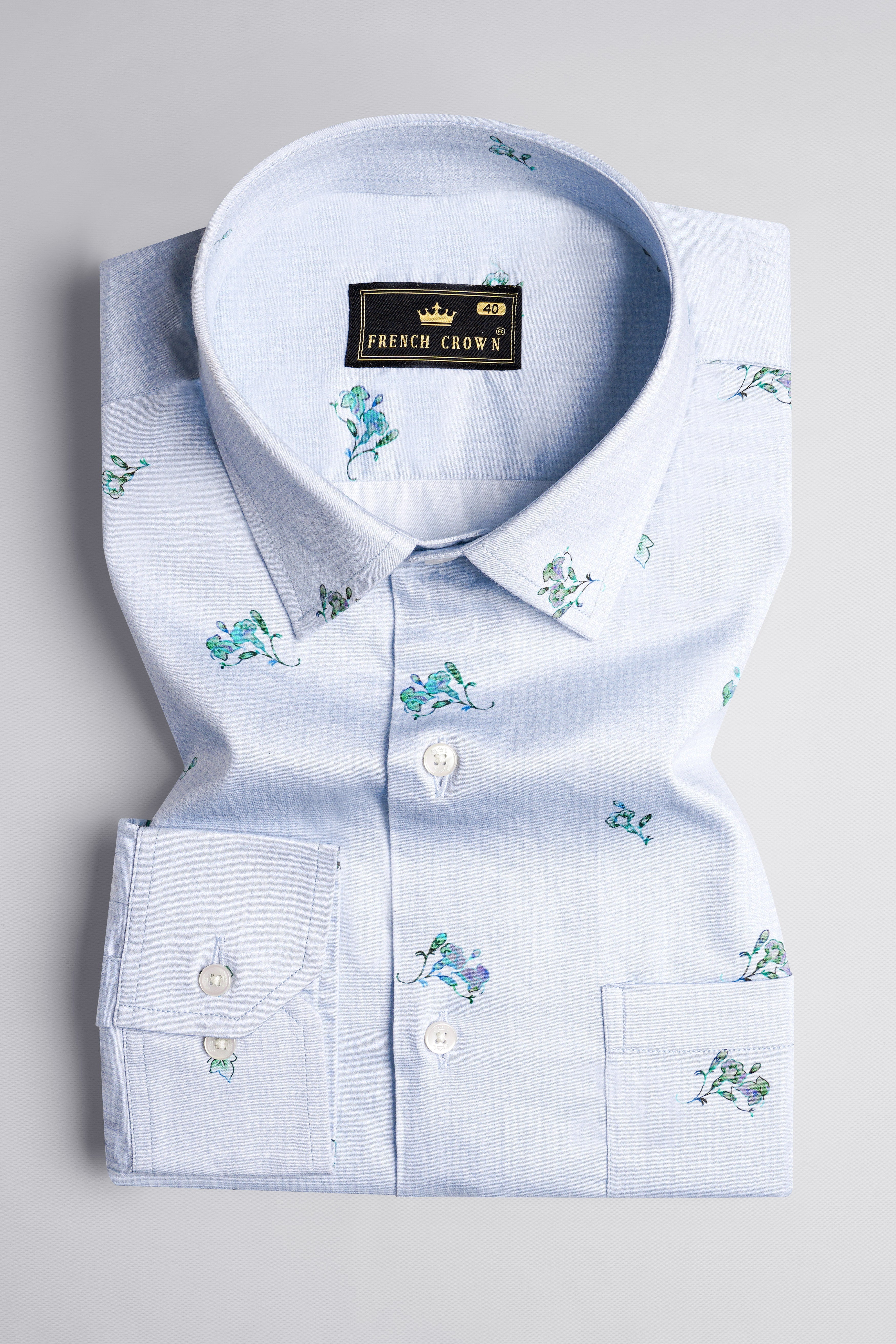 Gainsboro Gray with Wistflul Blue Floral Printed Super Soft Premium Cotton Shirt