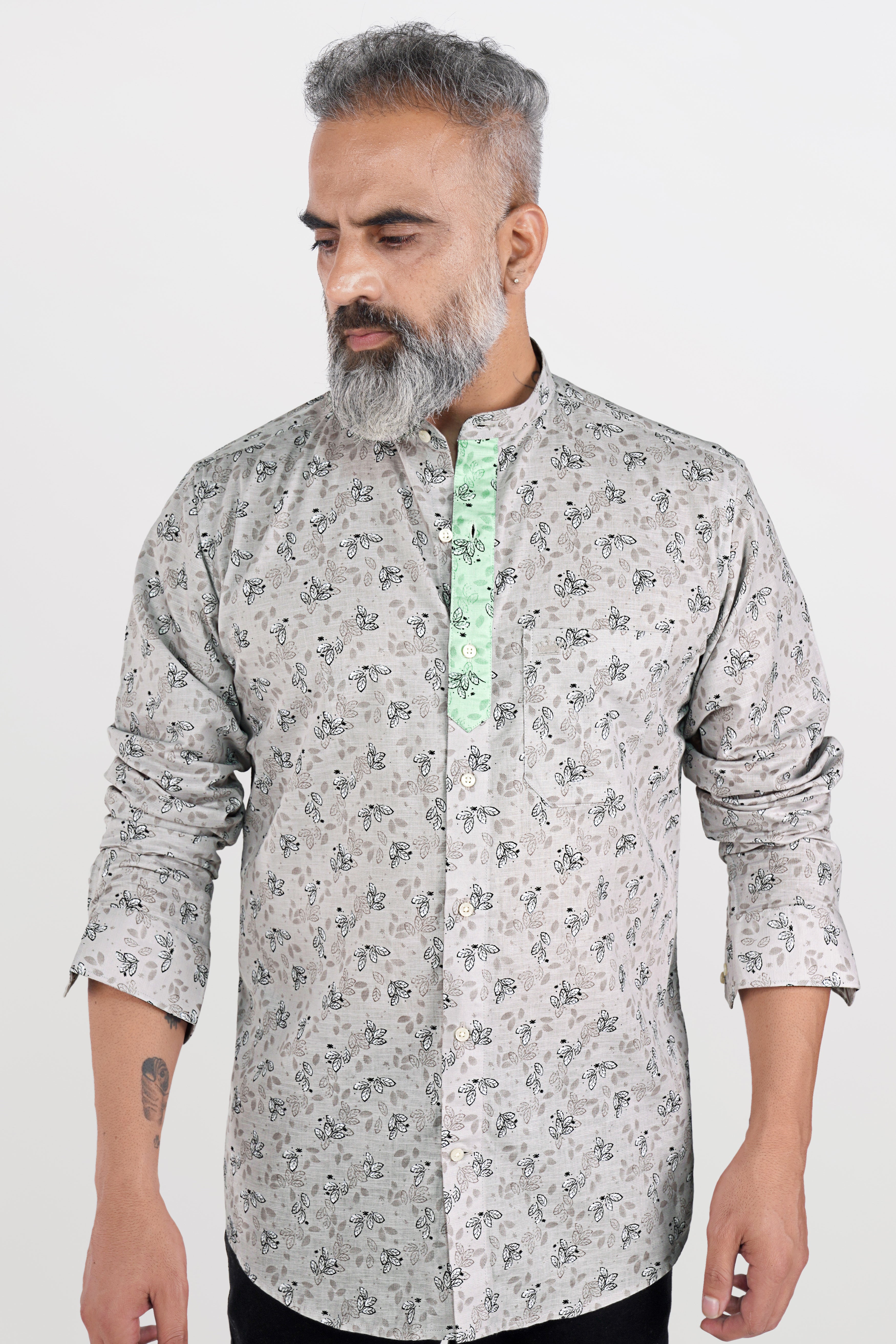 Soft Amber Gray with Thunder Black and Pale Leaf Green Luxurious Linen Designer Shirt