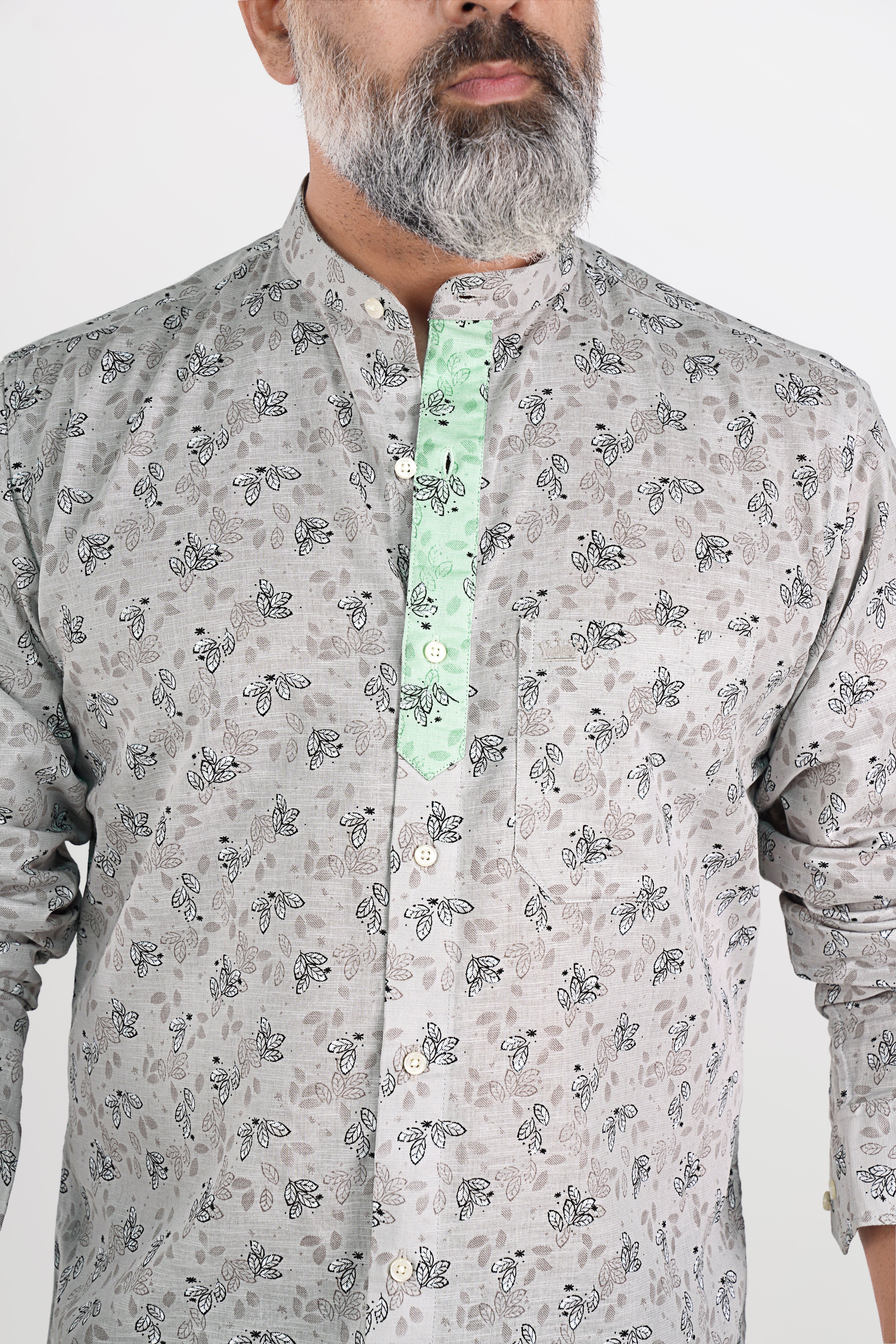 Soft Amber Gray with Thunder Black and Pale Leaf Green Luxurious Linen Designer Shirt