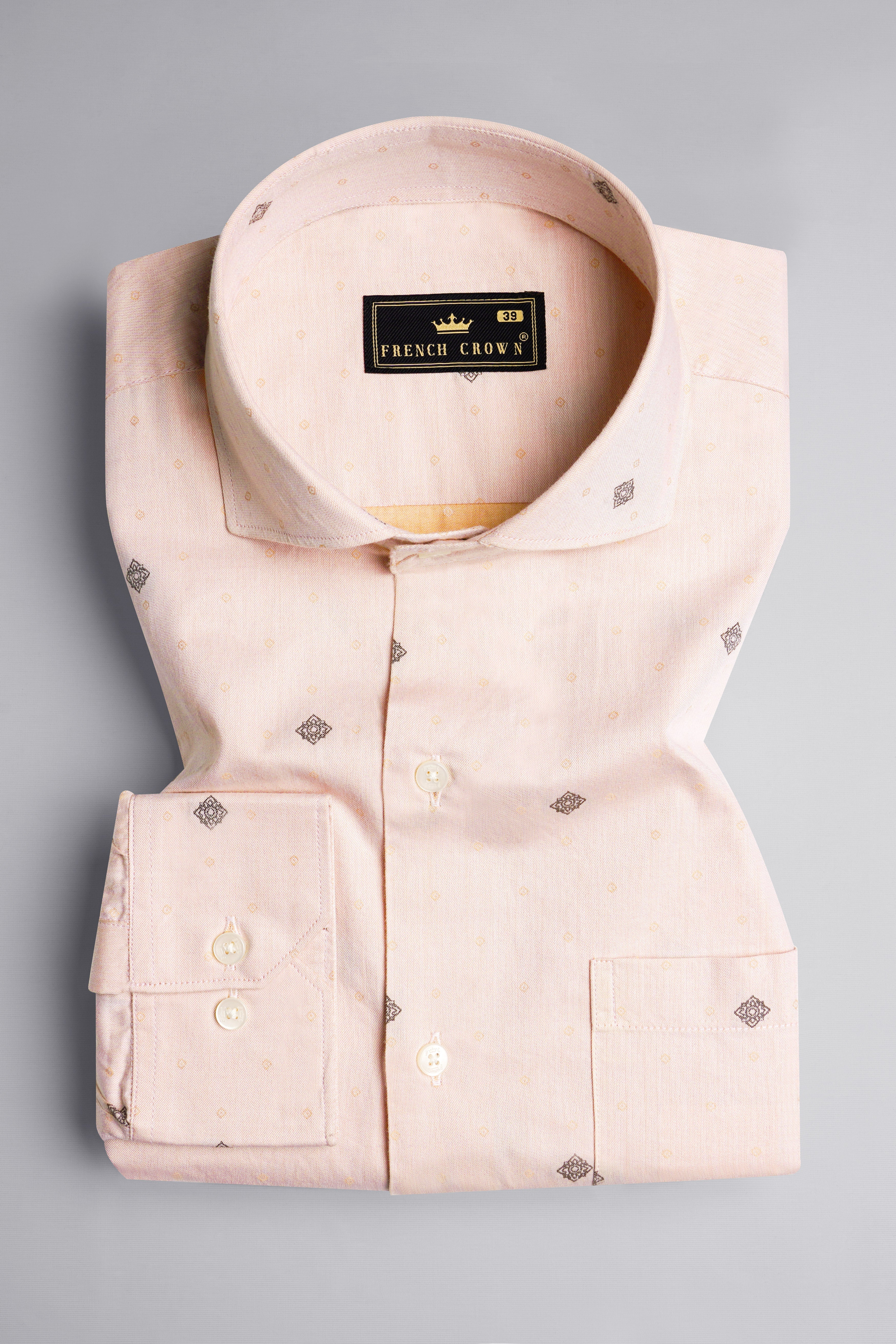 Soft Amber Peach with Pine Cone Brown Jacquard Textured Premium Giza Cotton Shirt