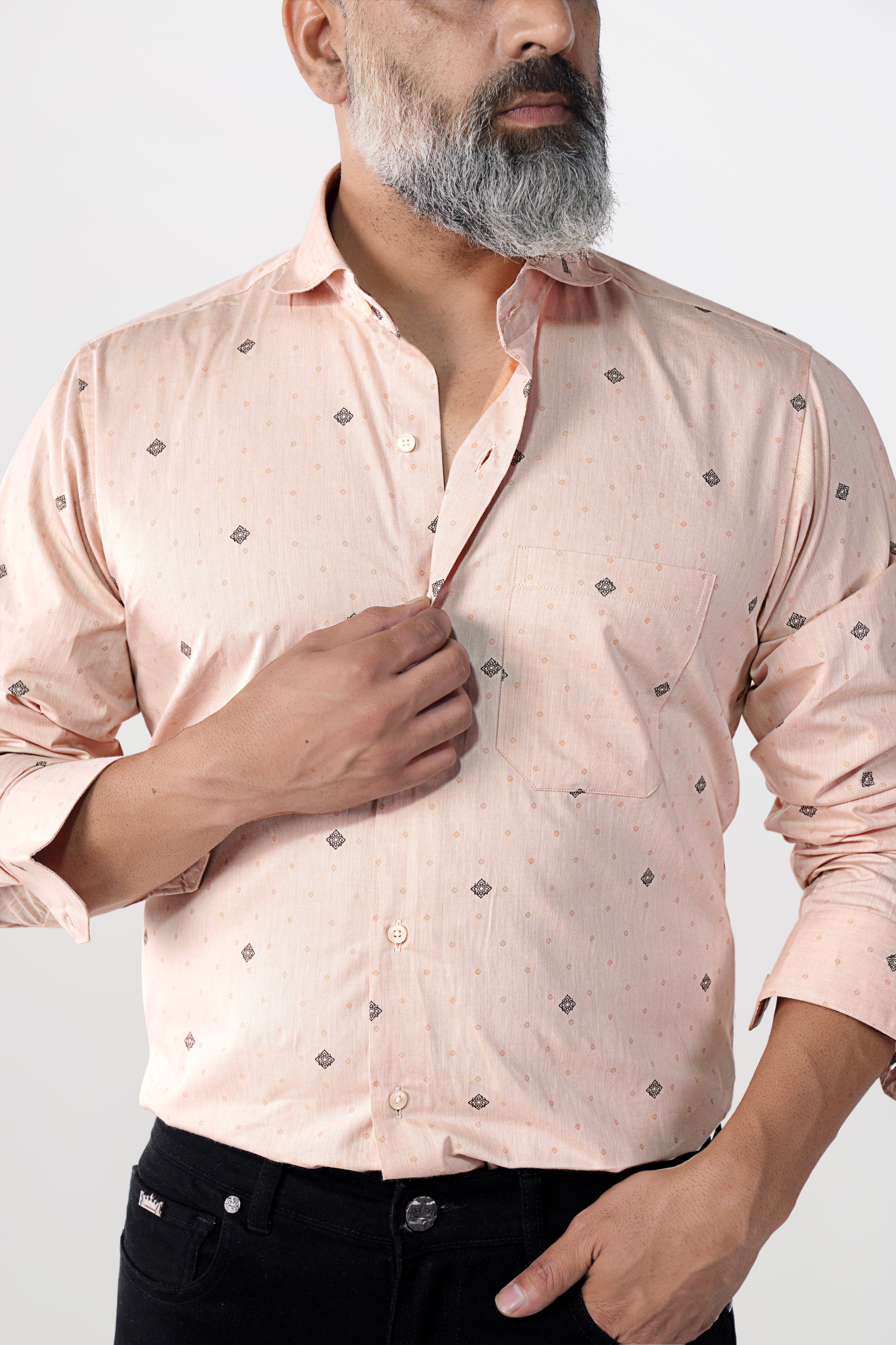 Soft Amber Peach with Pine Cone Brown Jacquard Textured Premium Giza Cotton Shirt