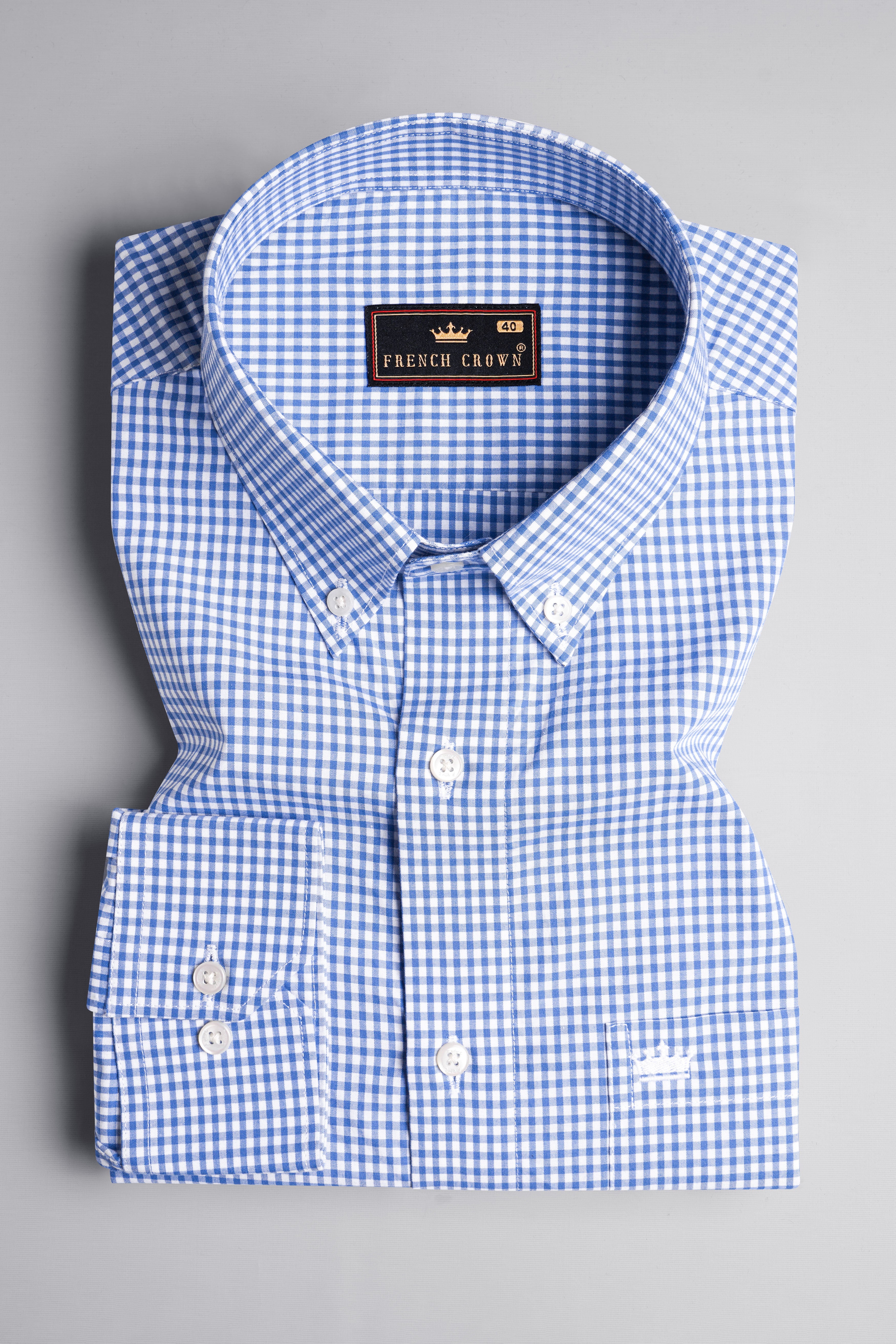 Carolina Blue and White Gingham Checkered Twill Premium Cotton Shirt