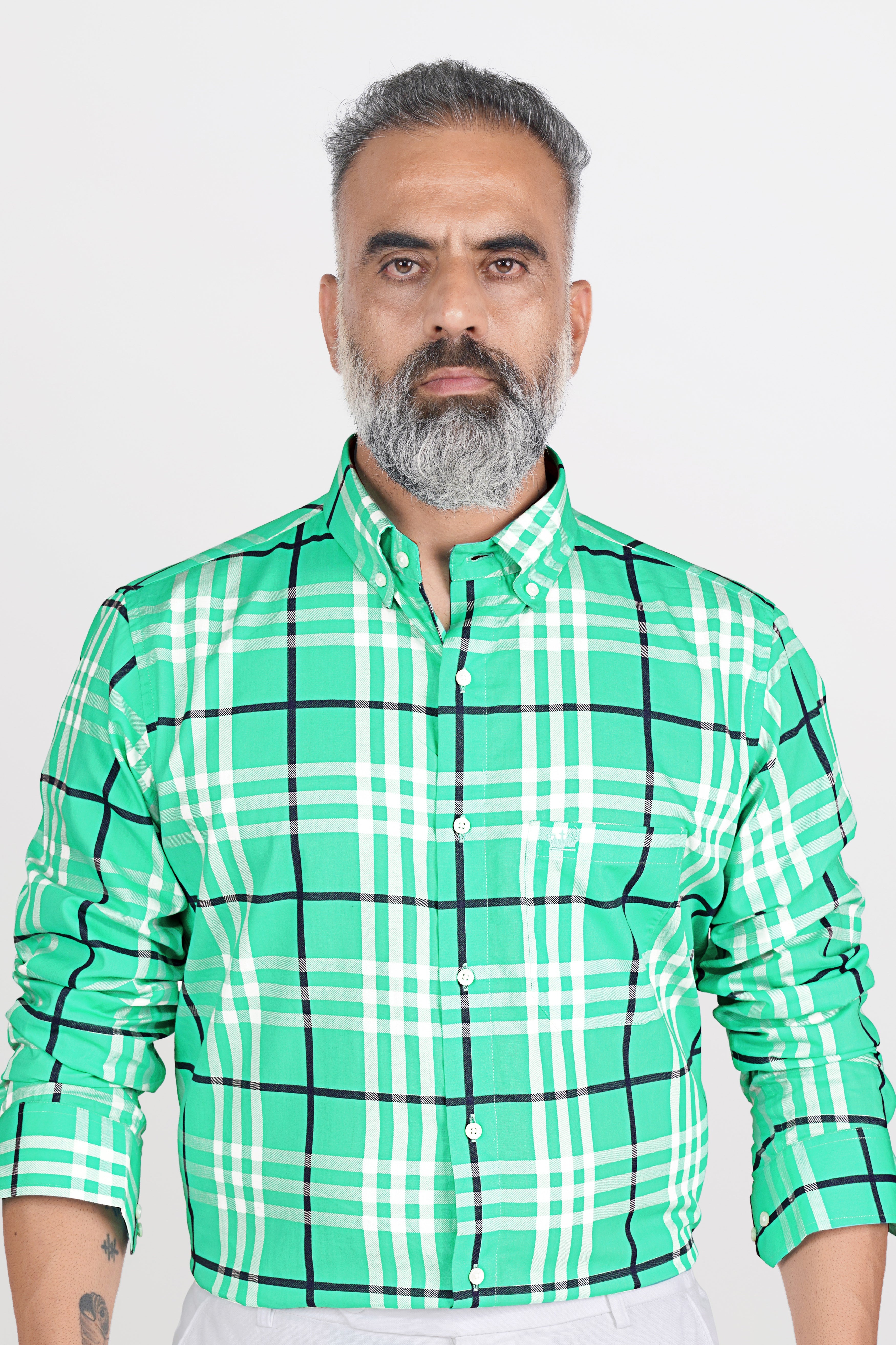 Turquoise Green with White Twill Plaid Premium Cotton Shirt