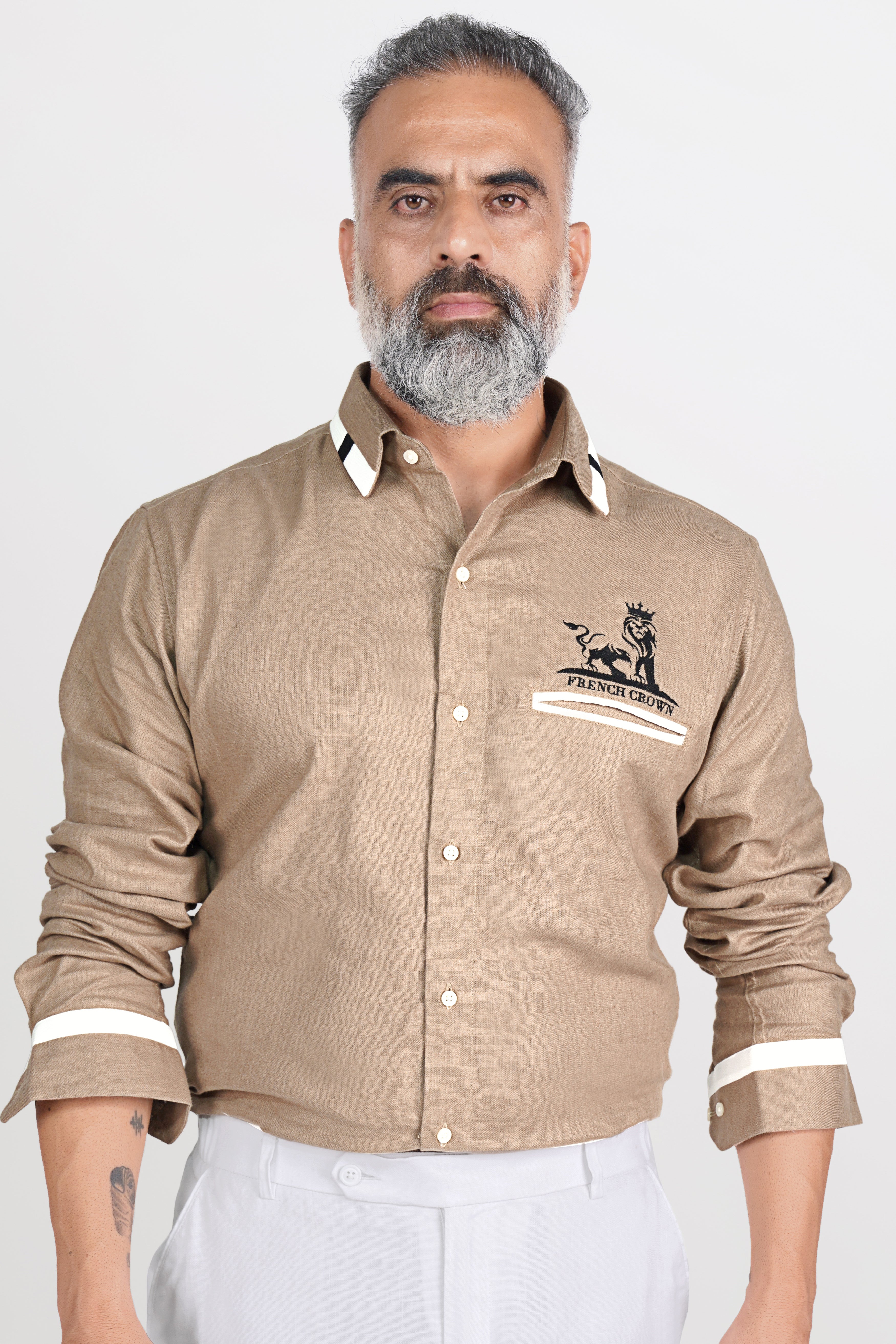 Fawn Brown Brand Name Patch Work Luxurious Linen Designer Shirt