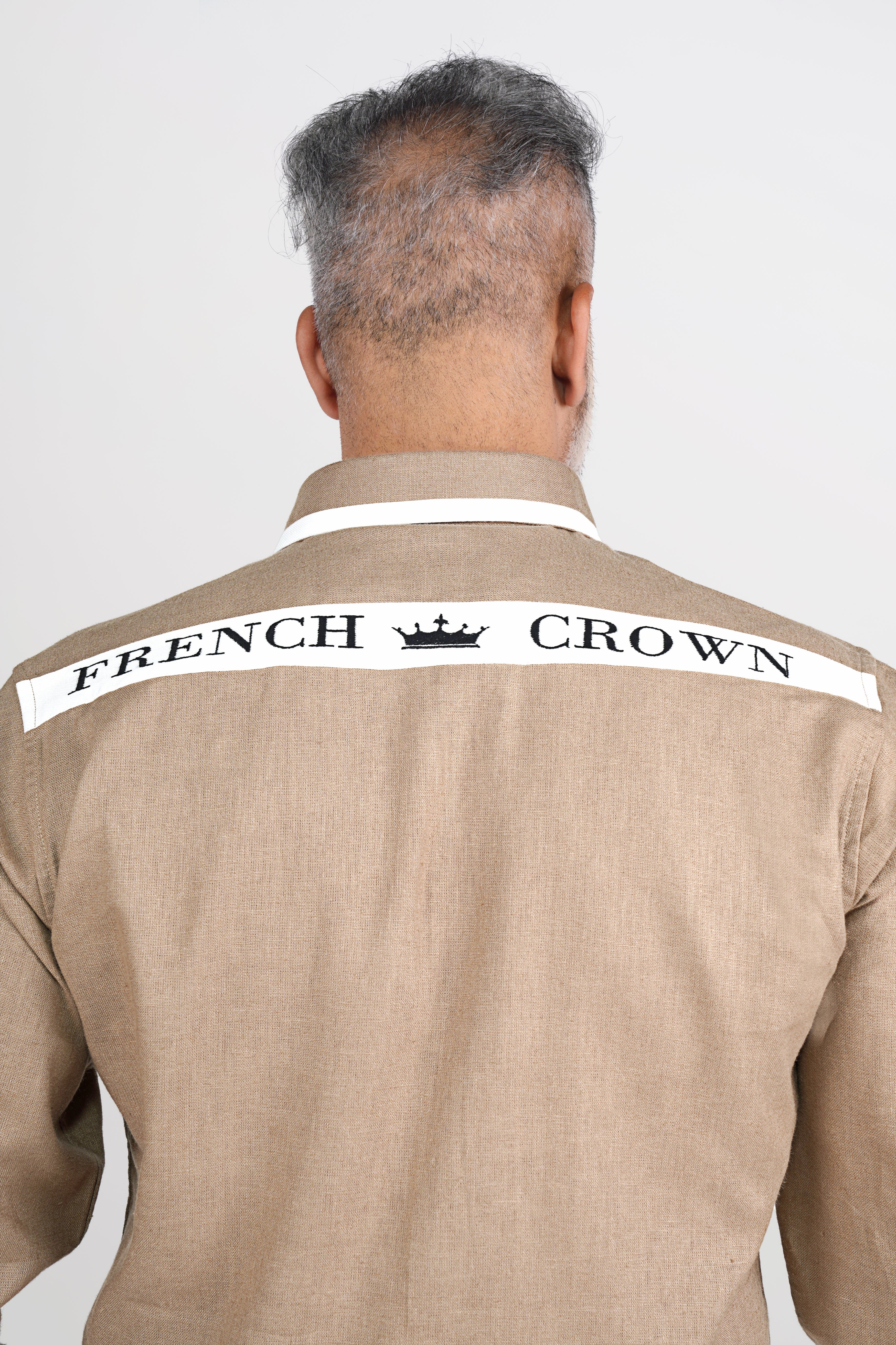 Fawn Brown French Crown Patch Work Luxurious Linen Designer Shirt