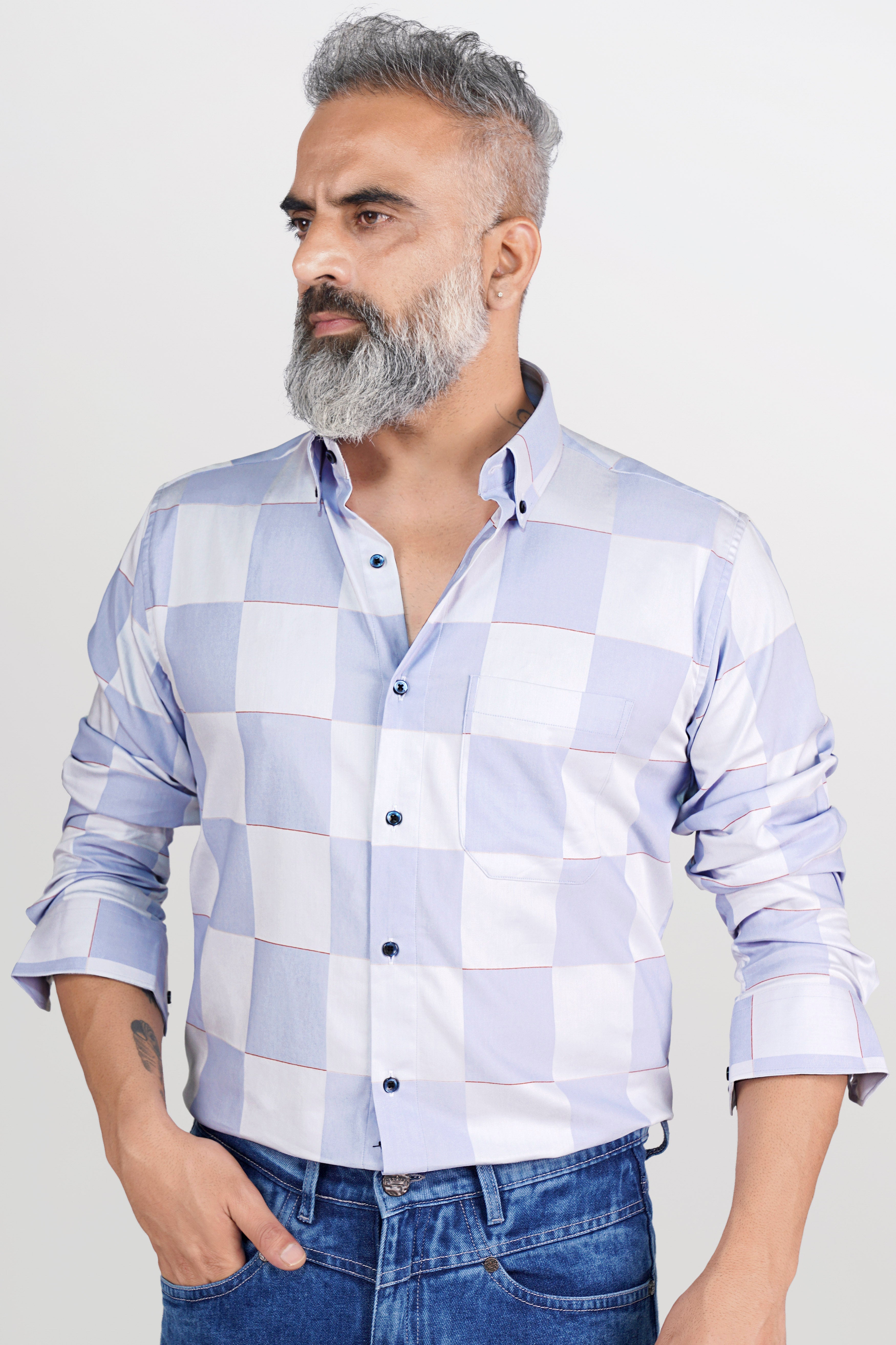 Bright White and Tealish Blue Checked Jacquard Textured Premium Giza Cotton Shirt
