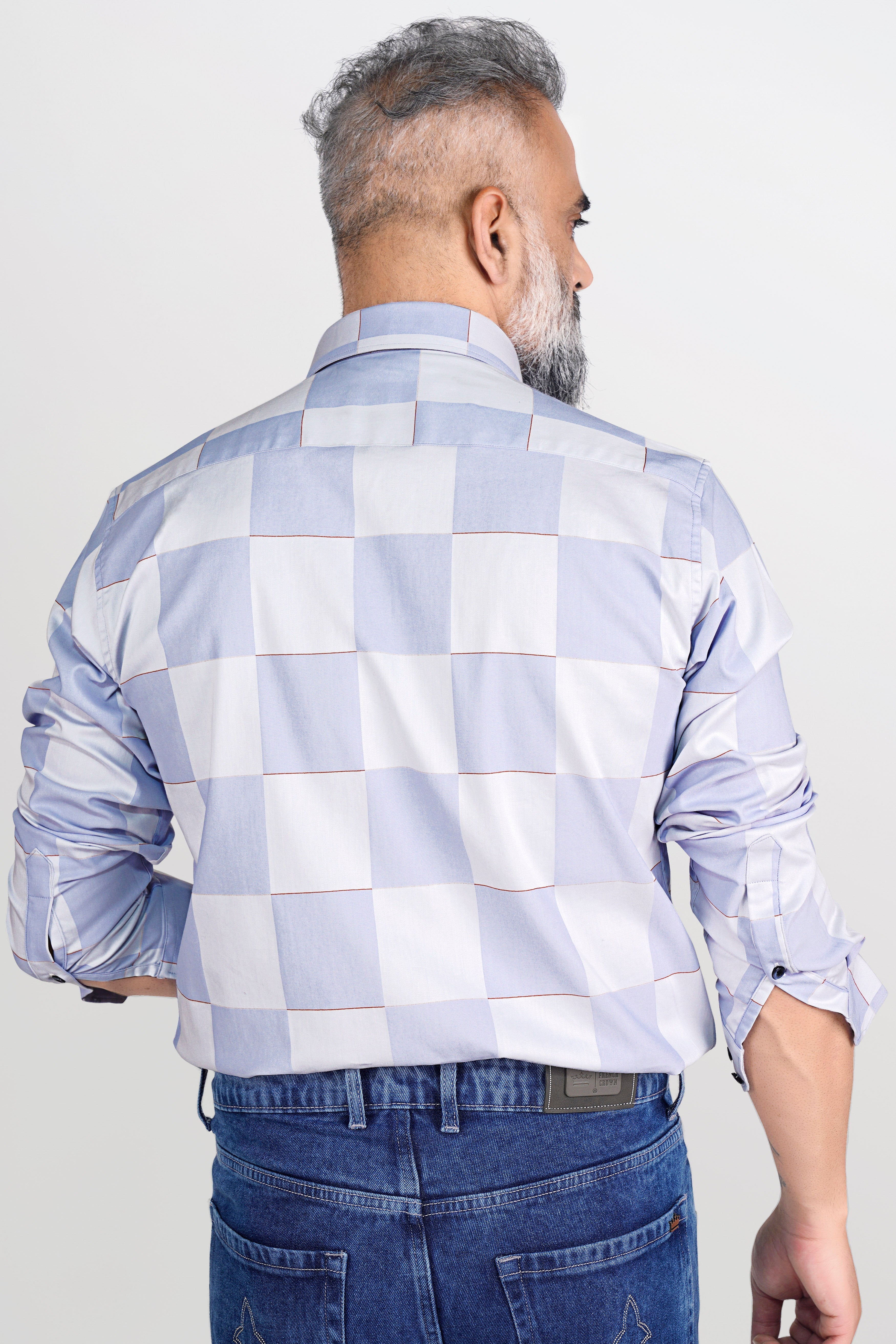 Bright White and Tealish Blue Checked Jacquard Textured Premium Giza Cotton Shirt