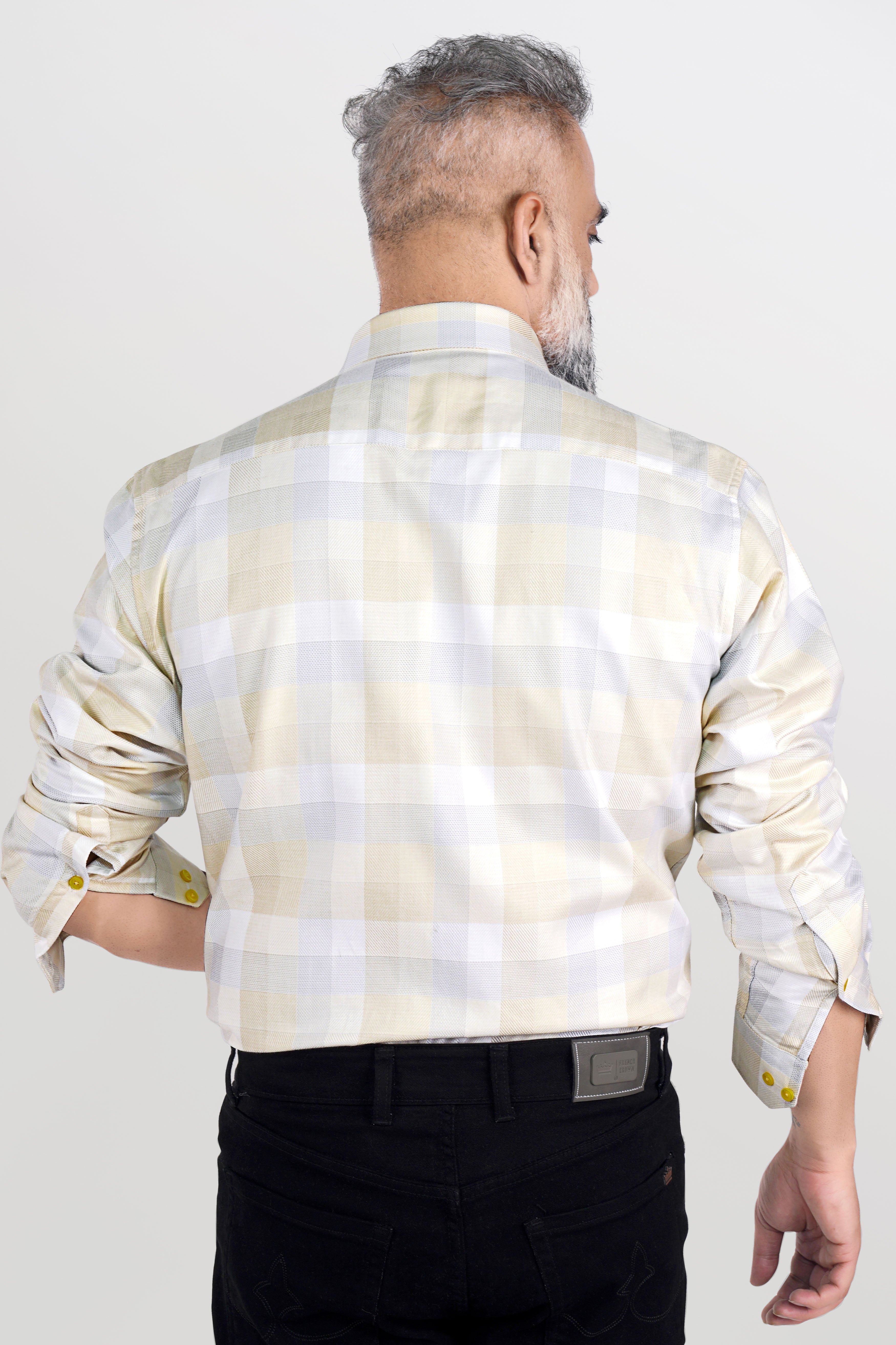 Citrine Beige and Periglacial Gray Checkered Jacquard Textured Premium Giza Cotton Shirt