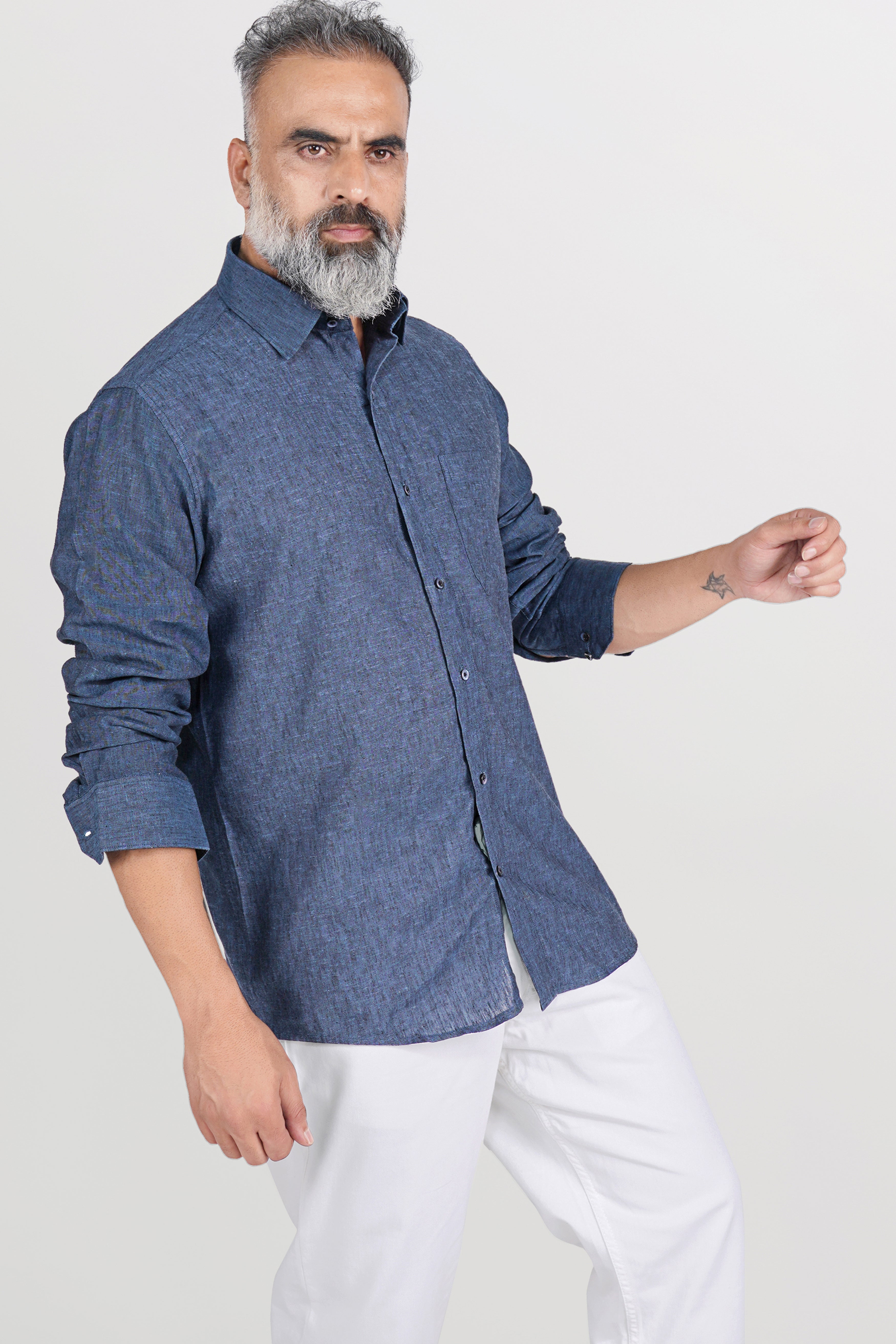 Comet Gray and Metallic Blue Luxurious Linen Shirt